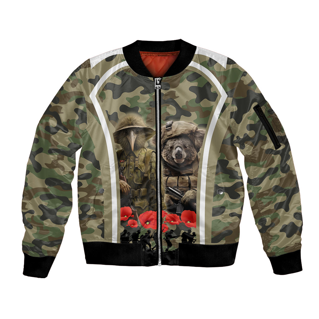 New Zealand and Australia ANZAC Day Sleeve Zip Bomber Jacket Koala and Kiwi Bird Soldier Gallipoli Camouflage Style