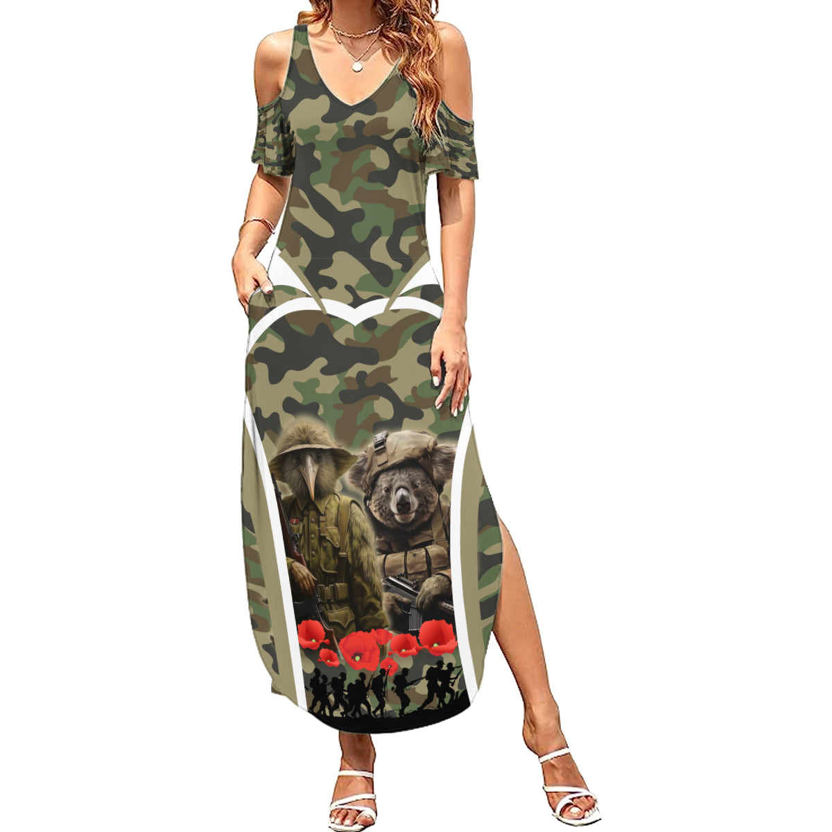 New Zealand and Australia ANZAC Day Summer Maxi Dress Koala and Kiwi Bird Soldier Gallipoli Camouflage Style