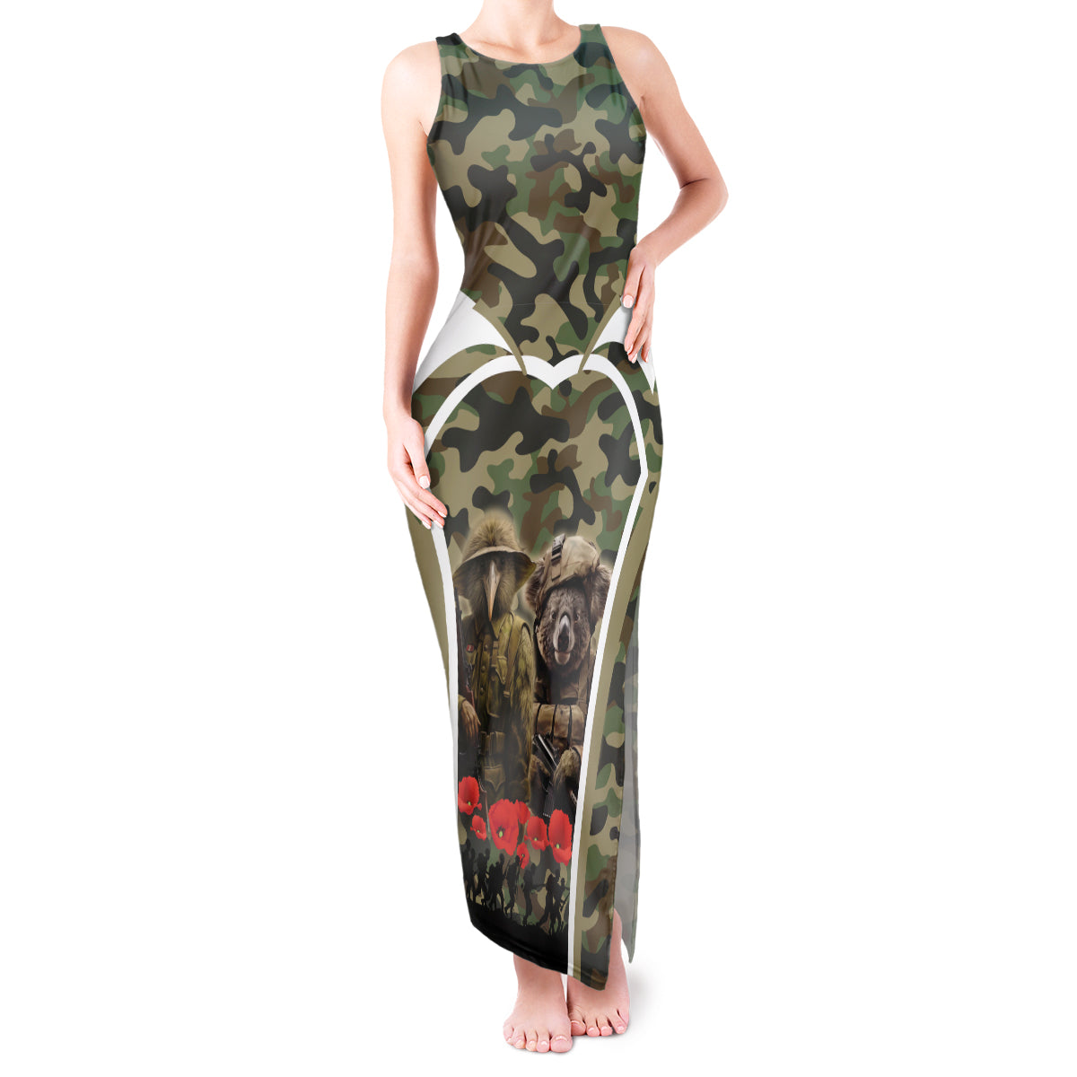 New Zealand and Australia ANZAC Day Tank Maxi Dress Koala and Kiwi Bird Soldier Gallipoli Camouflage Style