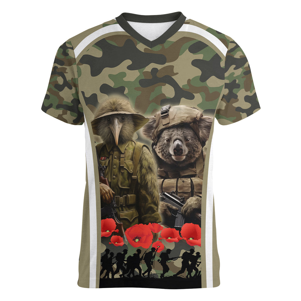 New Zealand and Australia ANZAC Day Women V Neck T Shirt Koala and Kiwi Bird Soldier Gallipoli Camouflage Style - Vibe Hoodie Shop