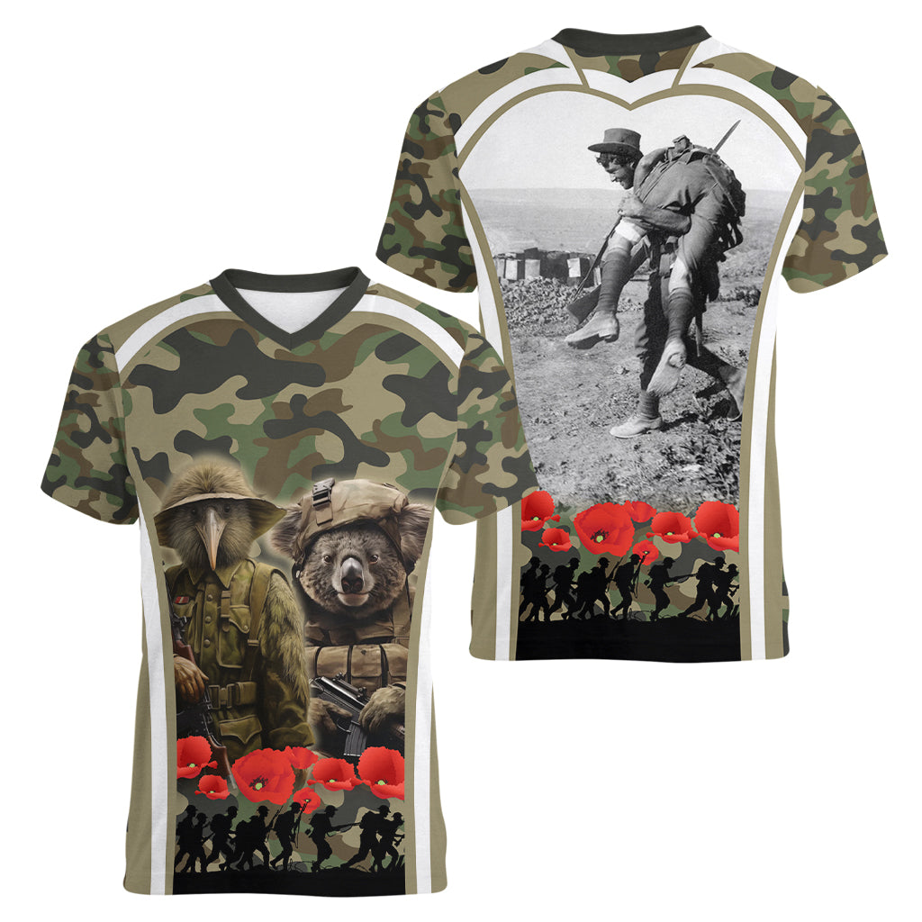 New Zealand and Australia ANZAC Day Women V Neck T Shirt Koala and Kiwi Bird Soldier Gallipoli Camouflage Style - Vibe Hoodie Shop