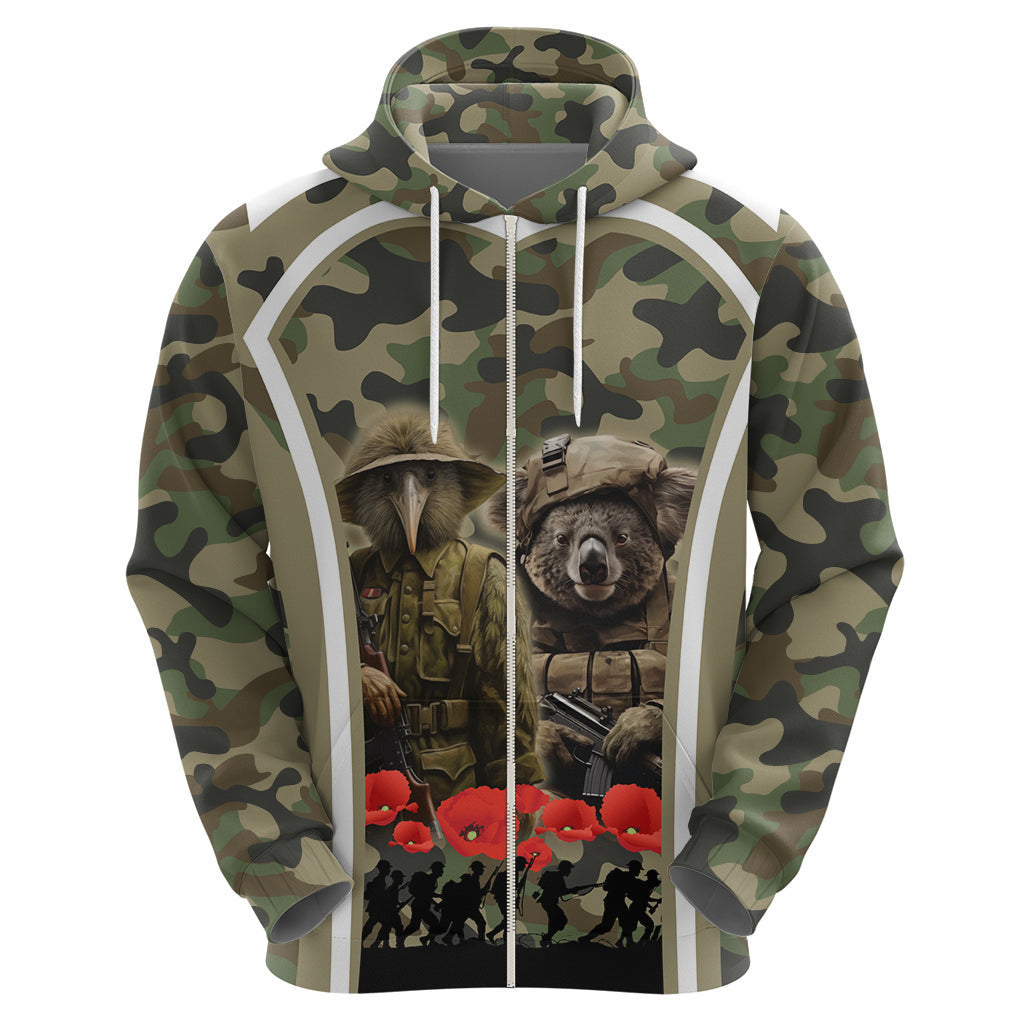New Zealand and Australia ANZAC Day Zip Hoodie Koala and Kiwi Bird Soldier Gallipoli Camouflage Style - Vibe Hoodie Shop