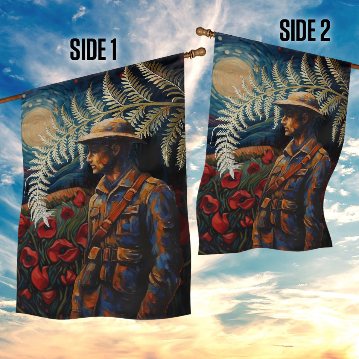 New Zealand Soldier ANZAC Day Garden Flag Silver Fern Starry Night Style - Vibe Hoodie Shop