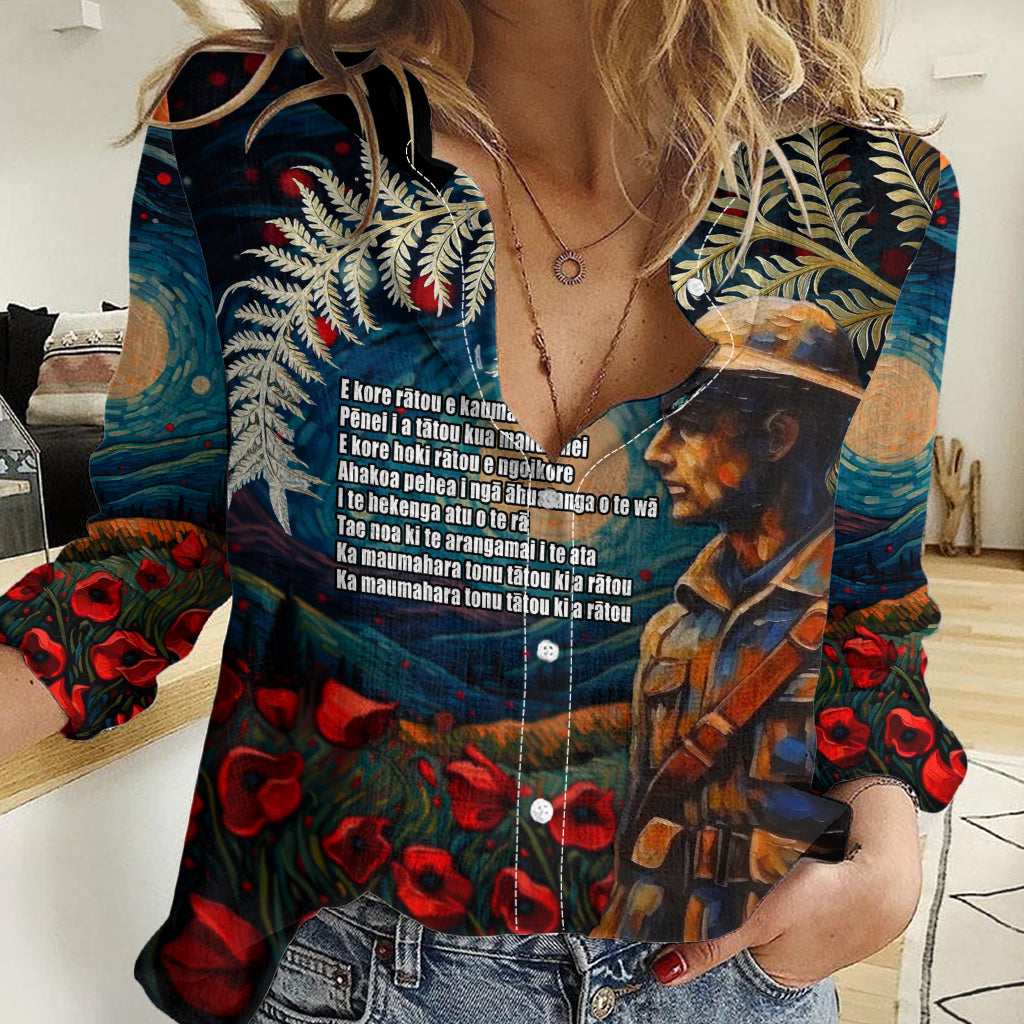 New Zealand Soldier ANZAC Day Women Casual Shirt Silver Fern Starry Night Style - Vibe Hoodie Shop