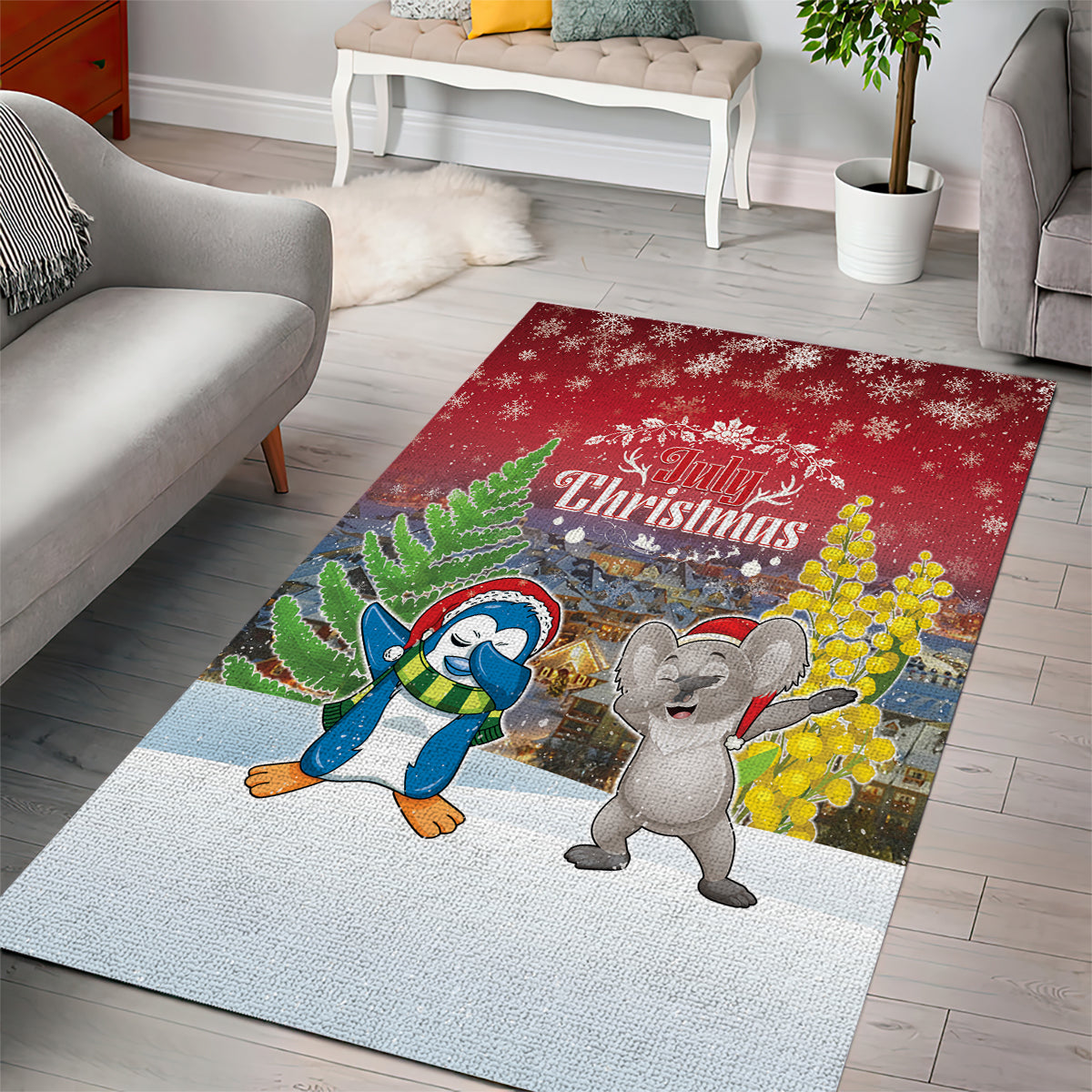 Christmas In July Area Rug Funny Dabbing Dance Koala And Blue Penguins LT05 - Vibe Hoodie Shop