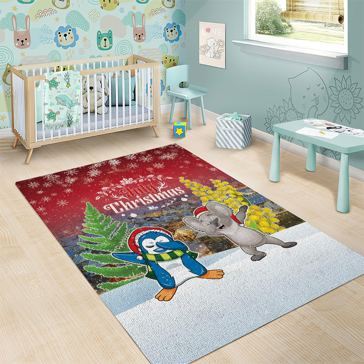 Christmas In July Area Rug Funny Dabbing Dance Koala And Blue Penguins LT05 - Vibe Hoodie Shop