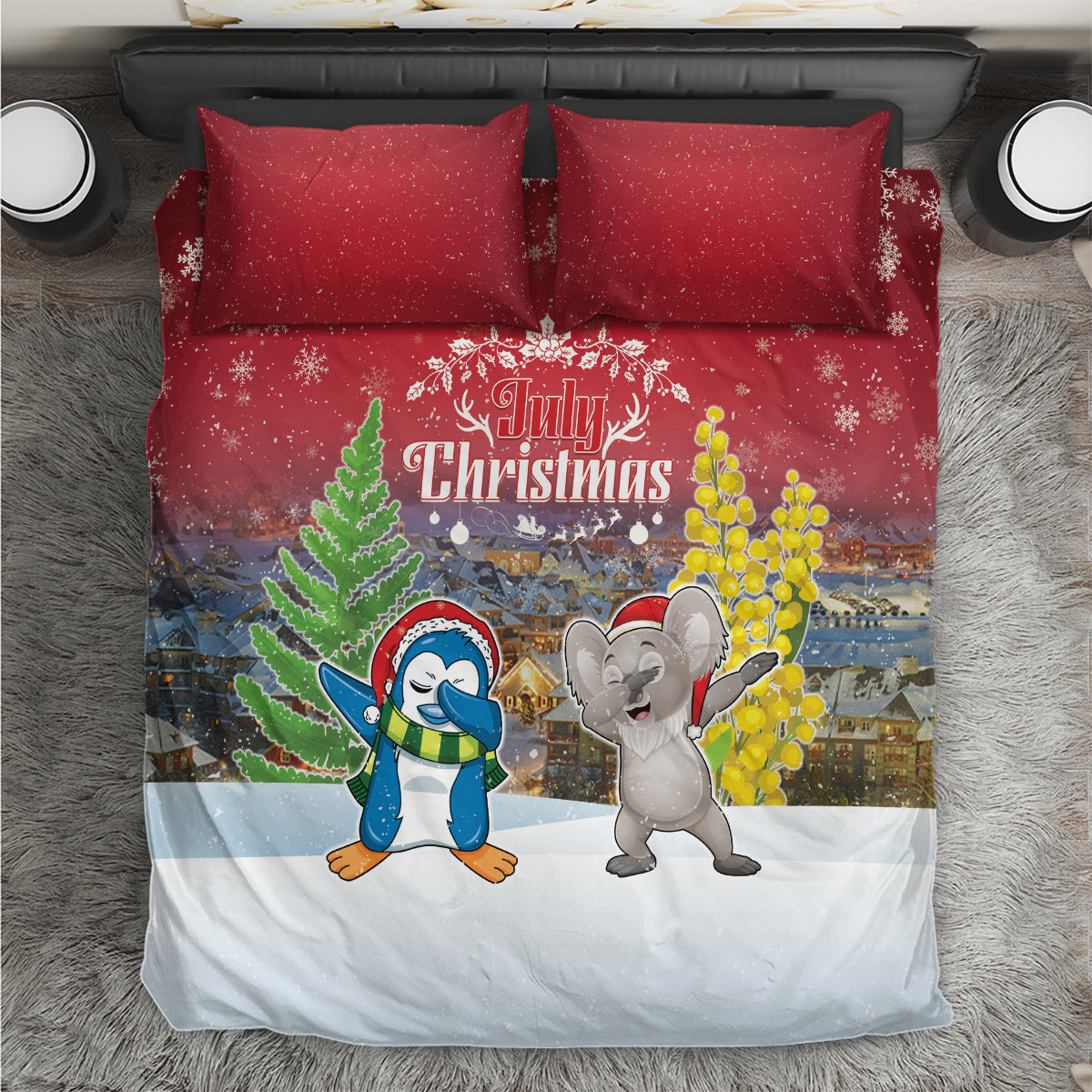 Christmas In July Bedding Set Funny Dabbing Dance Koala And Blue Penguins LT05 - Vibe Hoodie Shop