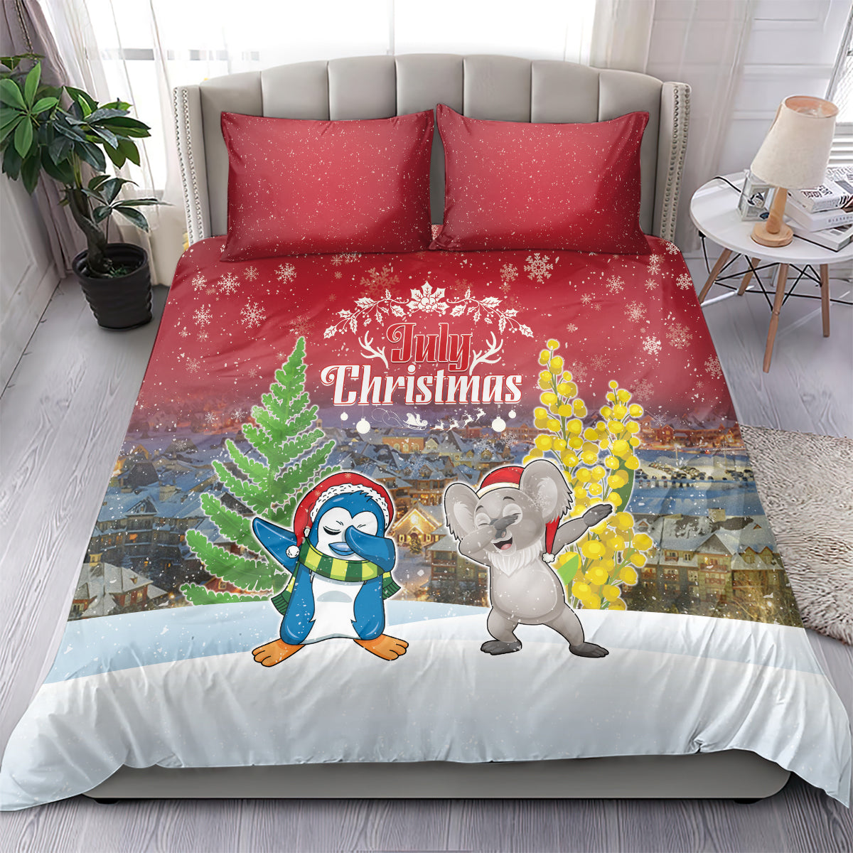 Christmas In July Bedding Set Funny Dabbing Dance Koala And Blue Penguins LT05 - Vibe Hoodie Shop