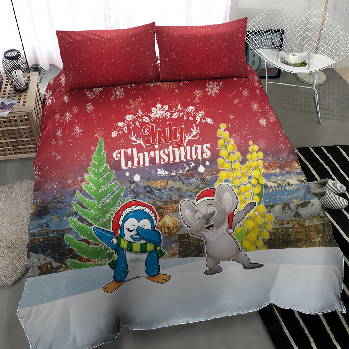 Christmas In July Bedding Set Funny Dabbing Dance Koala And Blue Penguins LT05 - Vibe Hoodie Shop