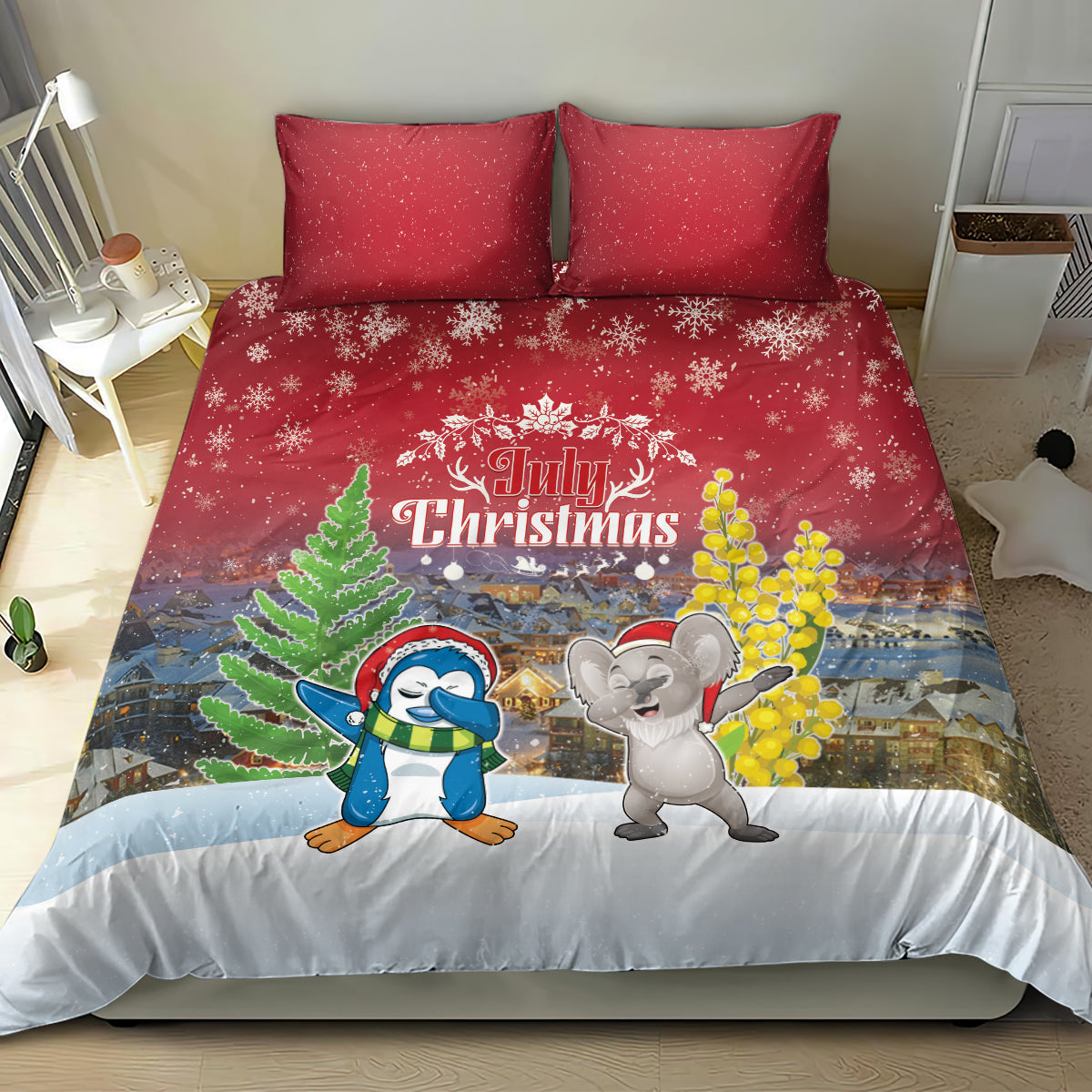 Christmas In July Bedding Set Funny Dabbing Dance Koala And Blue Penguins LT05 - Vibe Hoodie Shop