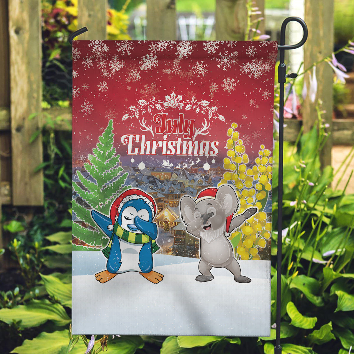 Christmas In July Garden Flag Funny Dabbing Dance Koala And Blue Penguins LT05 - Vibe Hoodie Shop