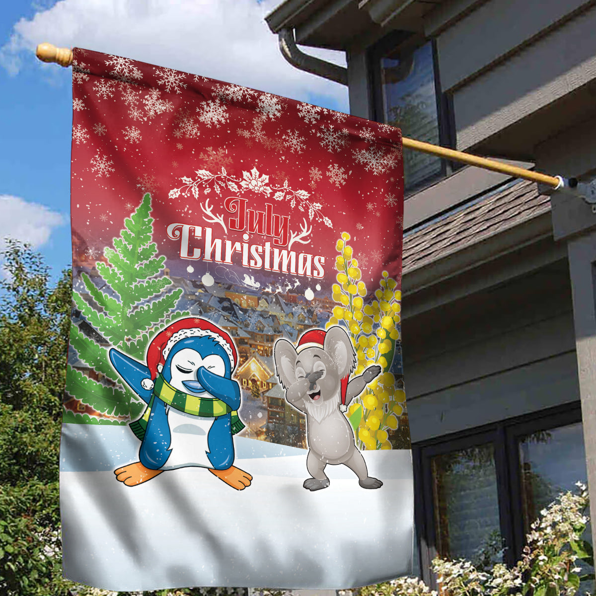 Christmas In July Garden Flag Funny Dabbing Dance Koala And Blue Penguins LT05 - Vibe Hoodie Shop