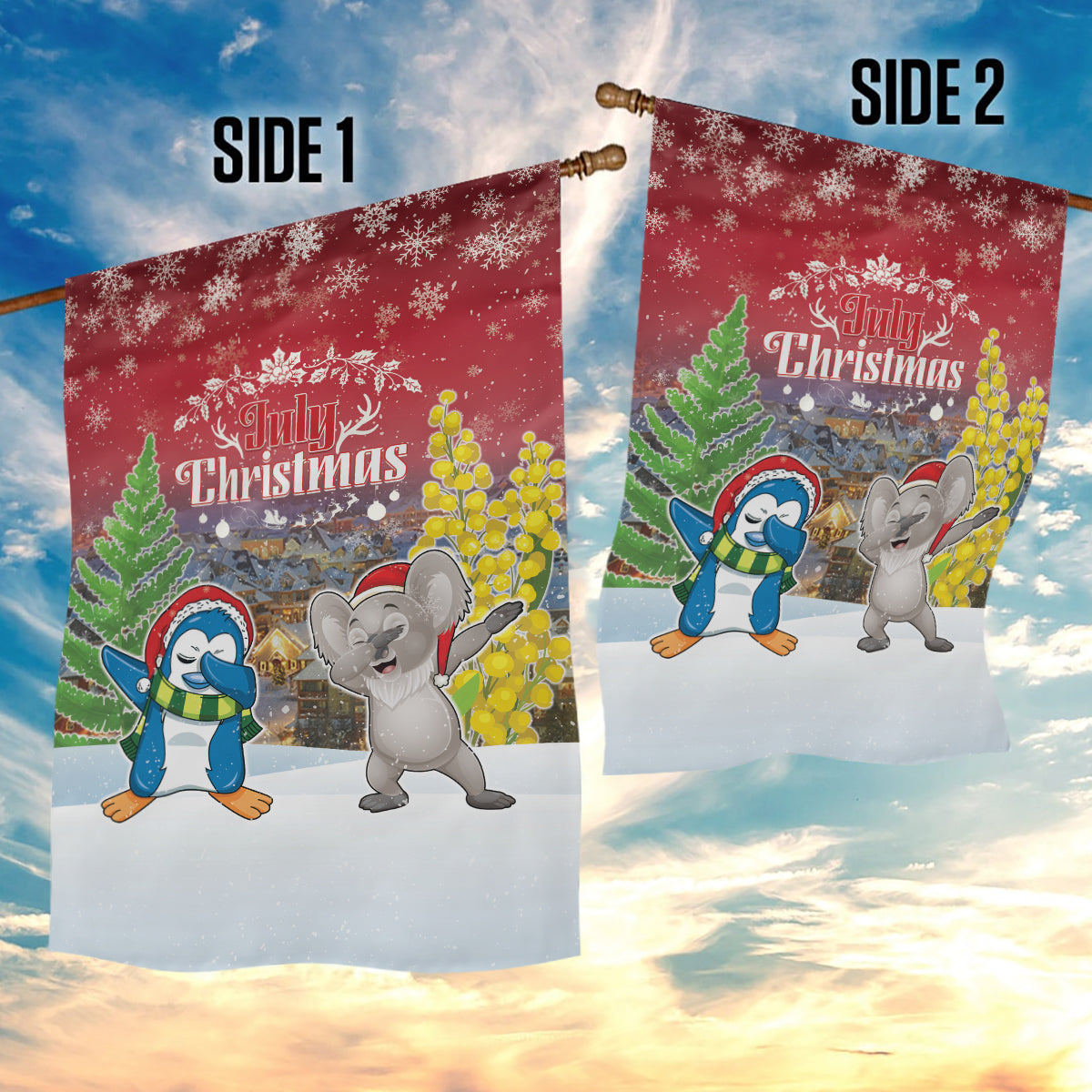 Christmas In July Garden Flag Funny Dabbing Dance Koala And Blue Penguins LT05 - Vibe Hoodie Shop