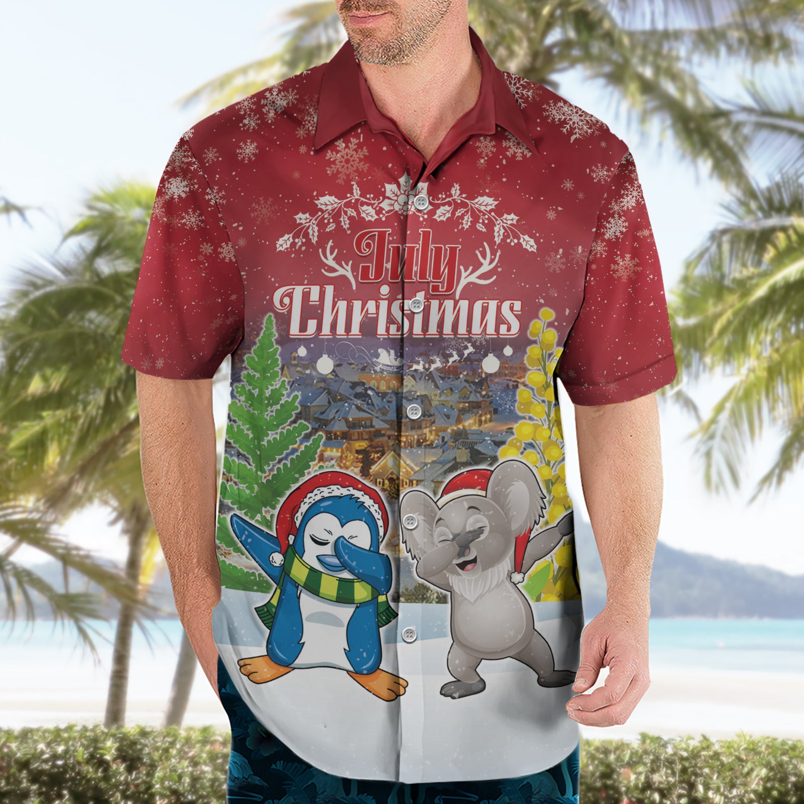 Personalised Christmas In July Hawaiian Shirt Funny Dabbing Dance Koala And Blue Penguins LT05 - Vibe Hoodie Shop