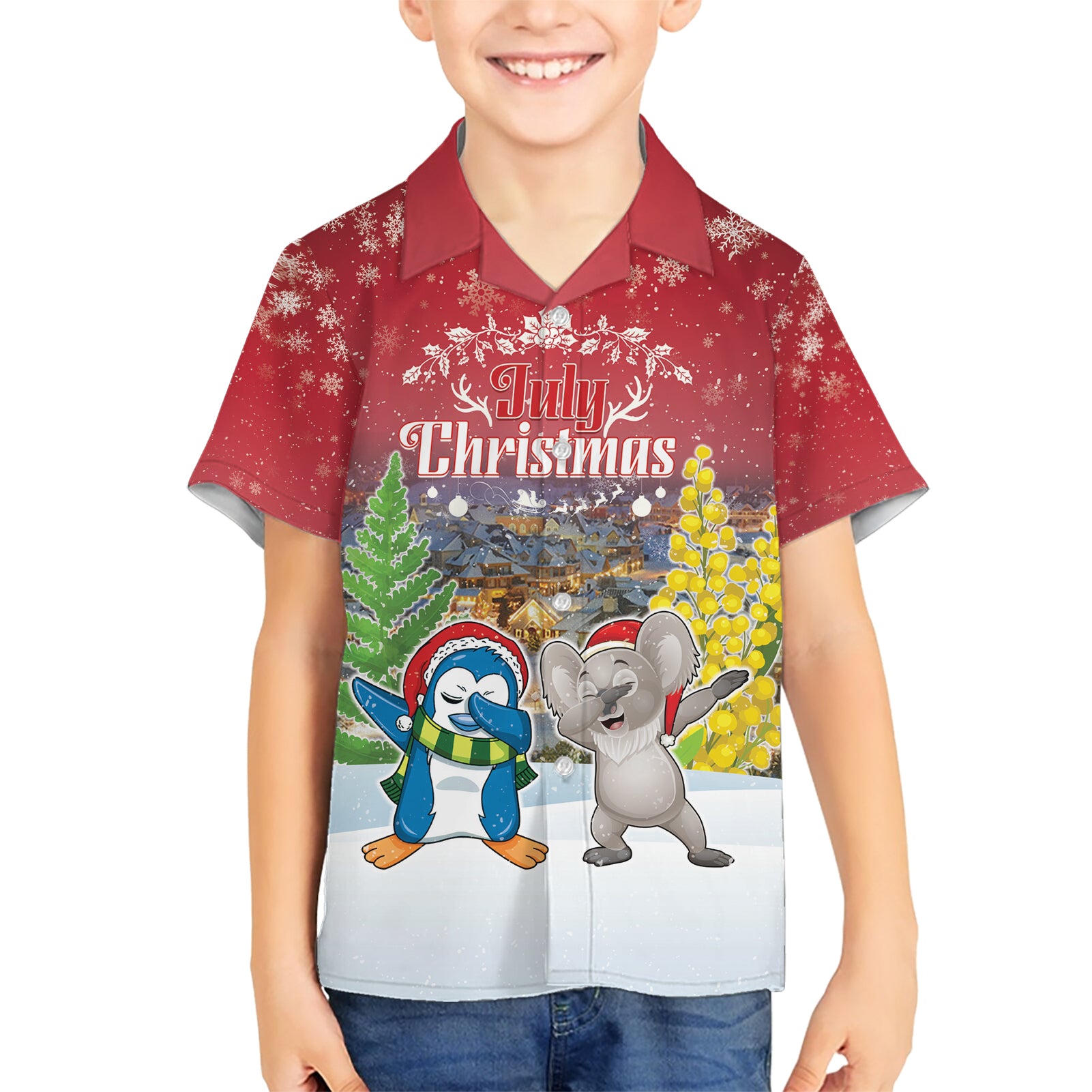 Personalised Christmas In July Hawaiian Shirt Funny Dabbing Dance Koala And Blue Penguins LT05 - Vibe Hoodie Shop