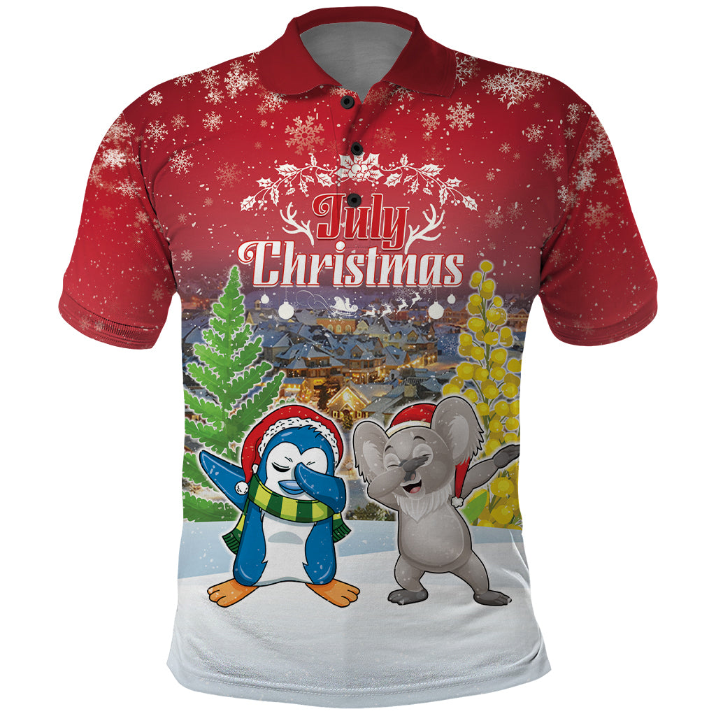 Personalised Christmas In July Polo Shirt Funny Dabbing Dance Koala And Blue Penguins LT05 - Vibe Hoodie Shop