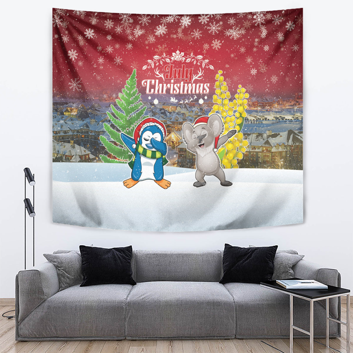 Christmas In July Tapestry Funny Dabbing Dance Koala And Blue Penguins LT05 - Vibe Hoodie Shop