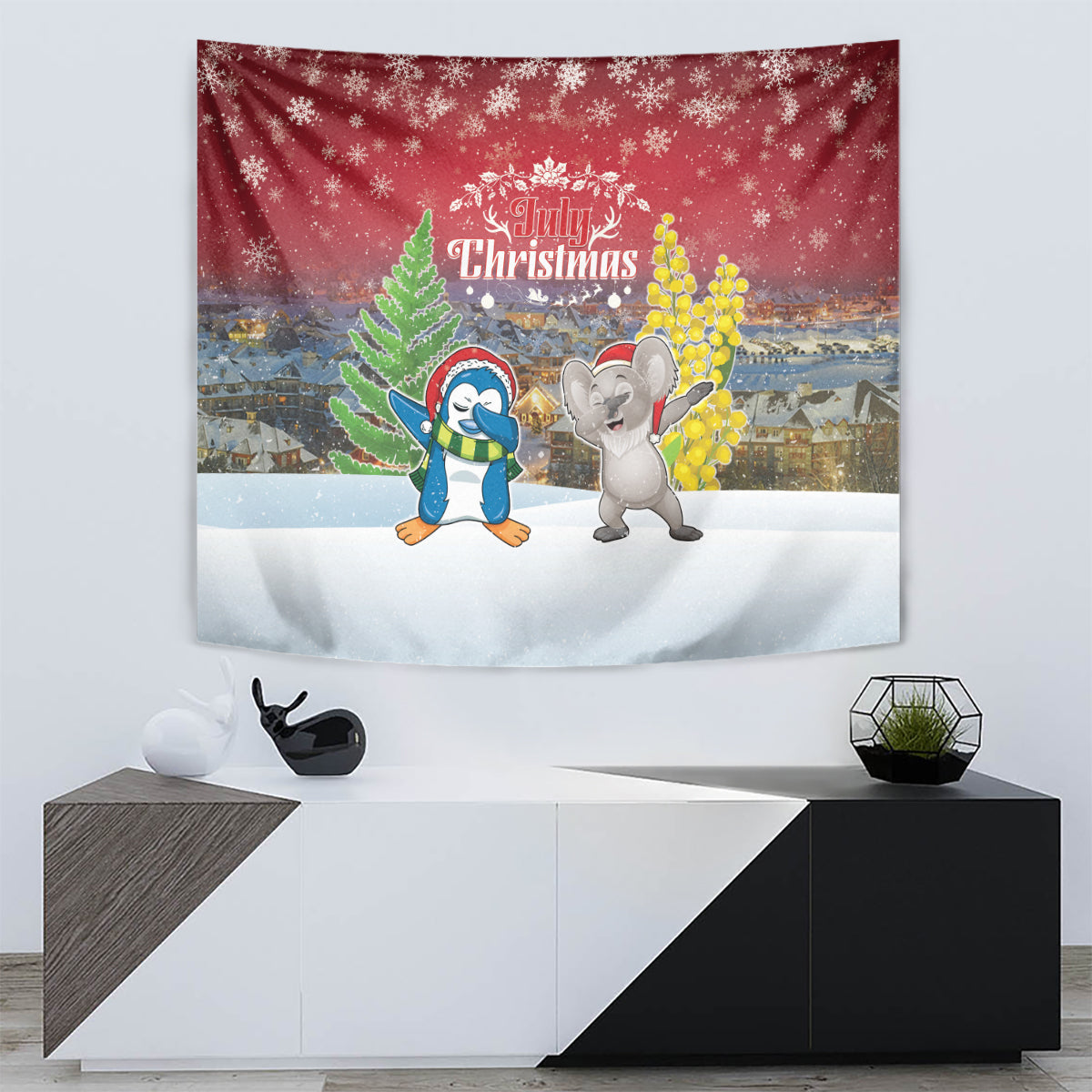 Christmas In July Tapestry Funny Dabbing Dance Koala And Blue Penguins LT05 - Vibe Hoodie Shop