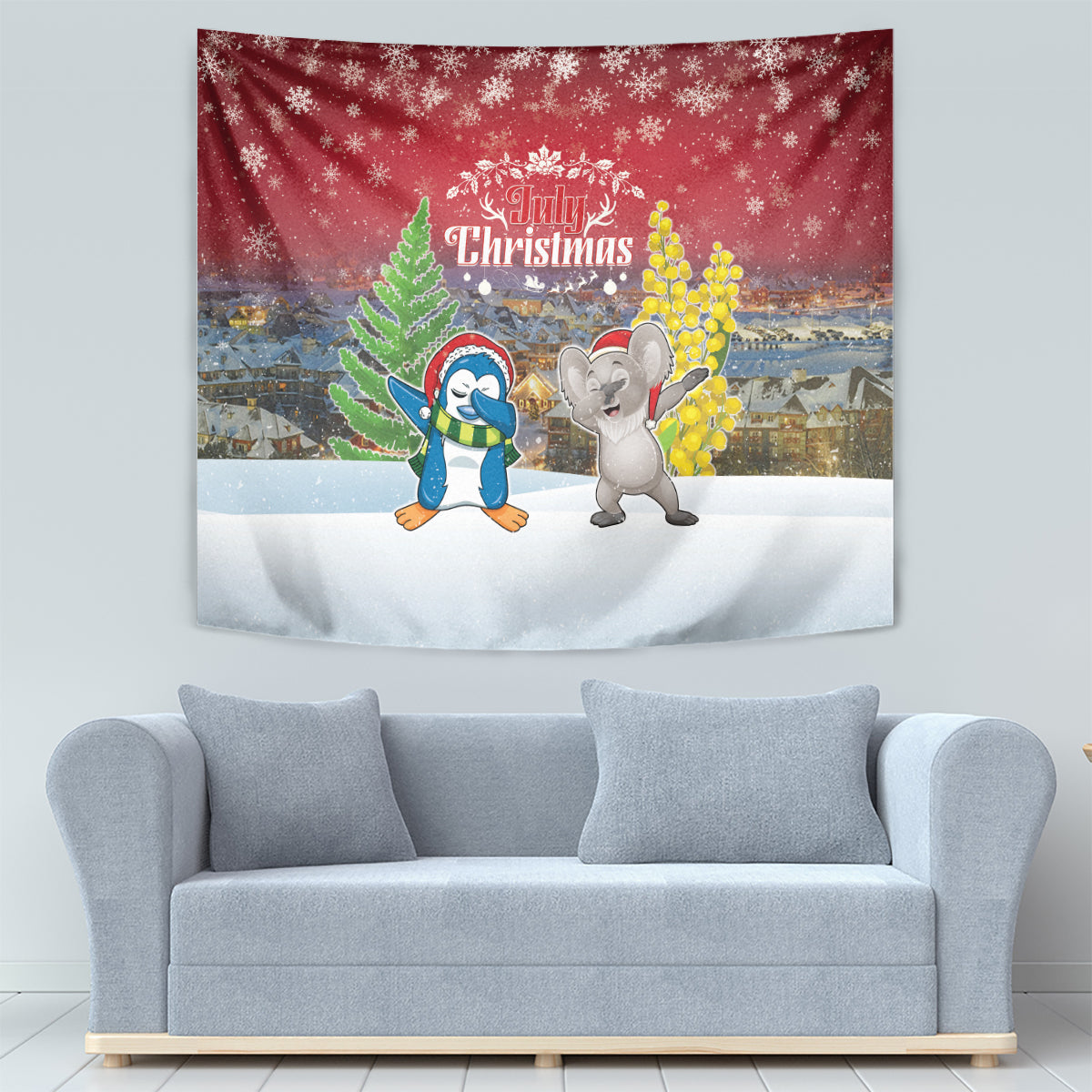 Christmas In July Tapestry Funny Dabbing Dance Koala And Blue Penguins LT05 - Vibe Hoodie Shop