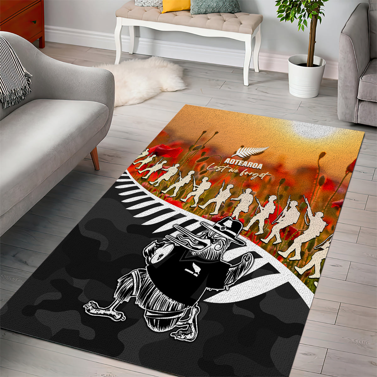 New Zealand ANZAC Rugby Area Rug Soldier Fern With Kiwi Bird LT05 - Vibe Hoodie Shop