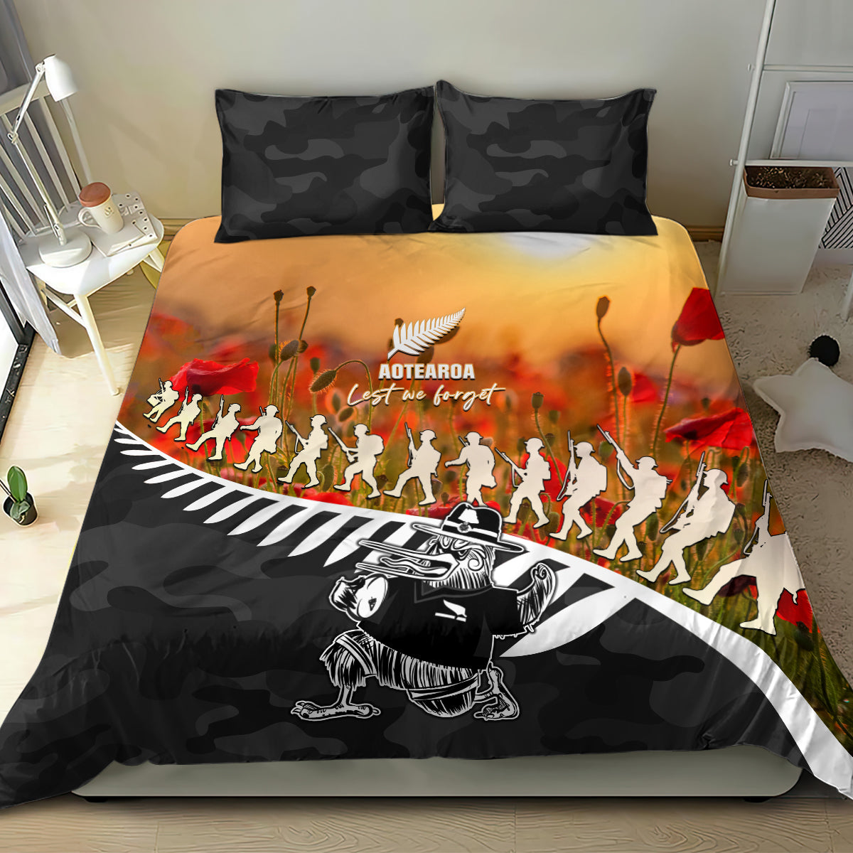 New Zealand ANZAC Rugby Bedding Set Soldier Fern With Kiwi Bird LT05 - Vibe Hoodie Shop