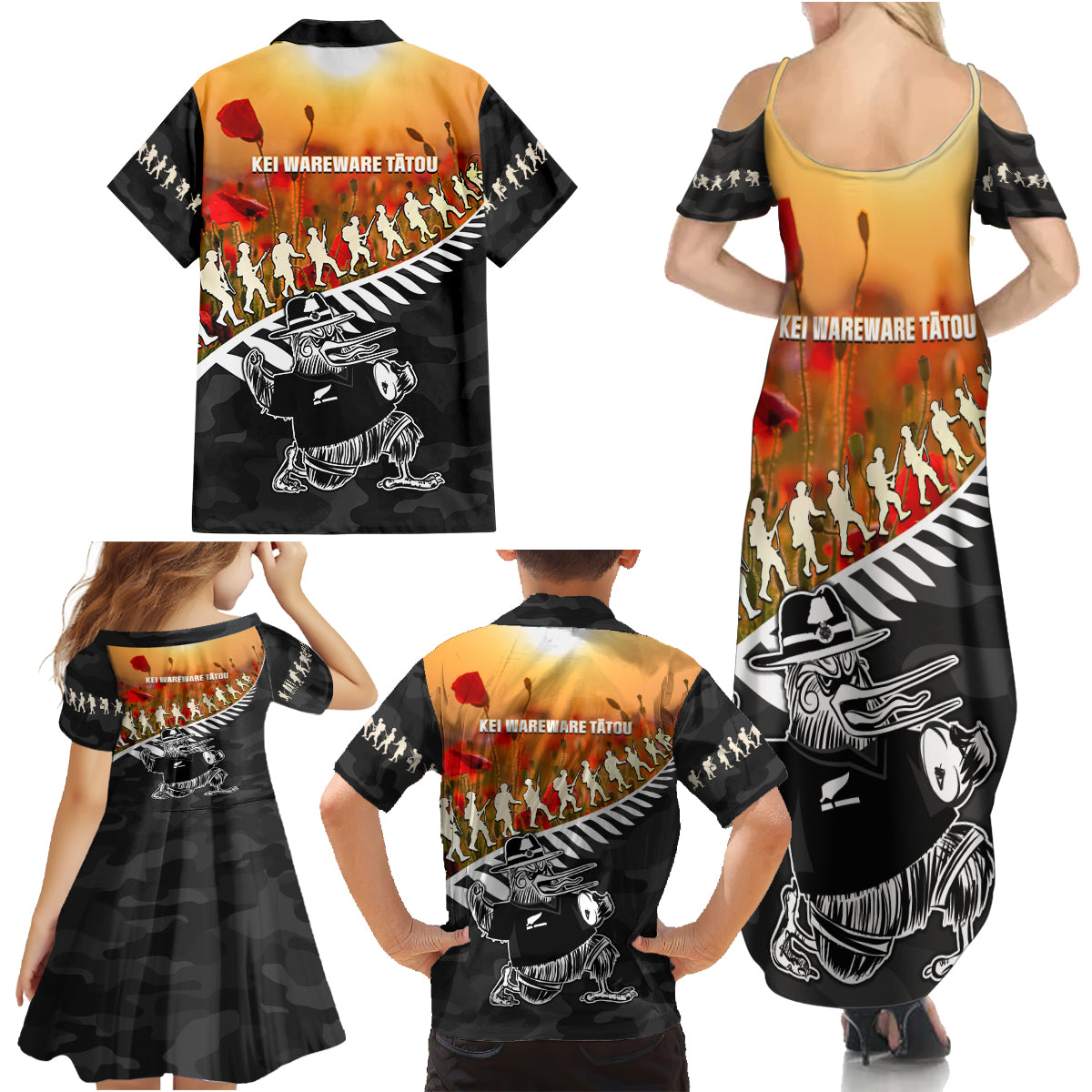 New Zealand ANZAC Rugby Family Matching Summer Maxi Dress and Hawaiian Shirt Soldier Fern With Kiwi Bird LT05
