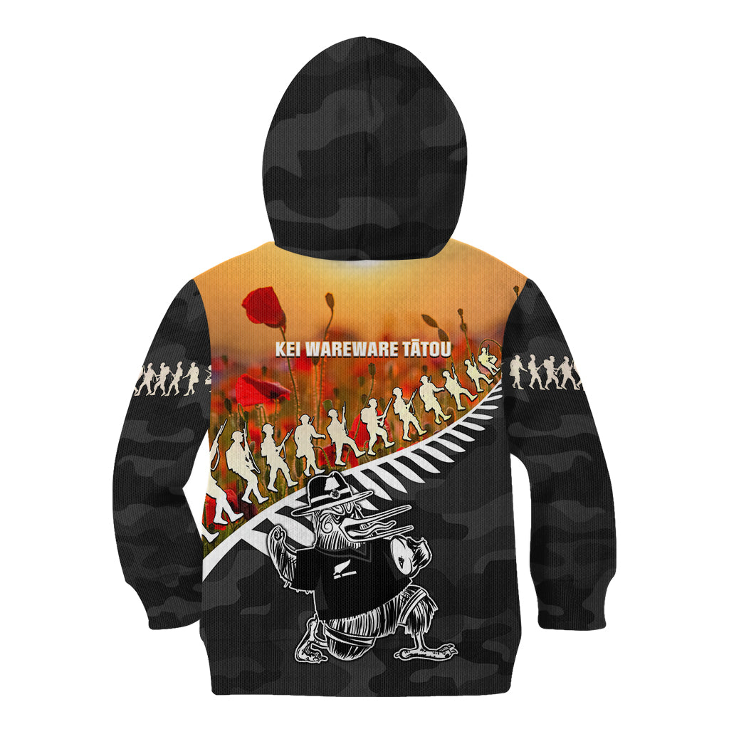 New Zealand ANZAC Rugby Kid Hoodie Soldier Fern With Kiwi Bird LT05 - Vibe Hoodie Shop