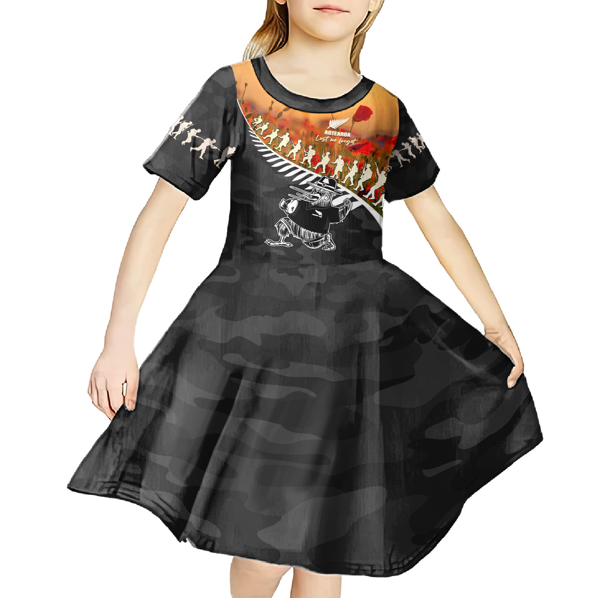 New Zealand ANZAC Rugby Kid Short Sleeve Dress Soldier Fern With Kiwi Bird LT05 - Vibe Hoodie Shop