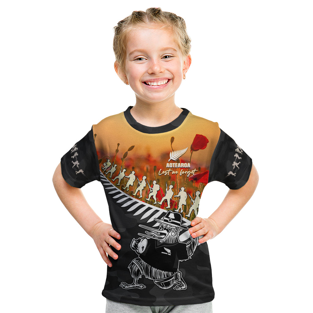 New Zealand ANZAC Rugby Kid T Shirt Soldier Fern With Kiwi Bird LT05 - Vibe Hoodie Shop