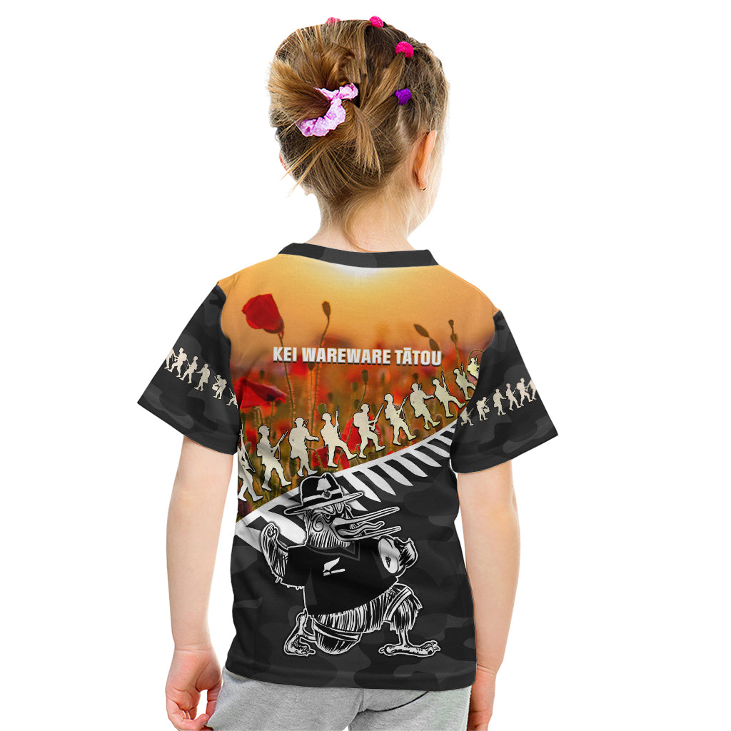 New Zealand ANZAC Rugby Kid T Shirt Soldier Fern With Kiwi Bird LT05 - Vibe Hoodie Shop
