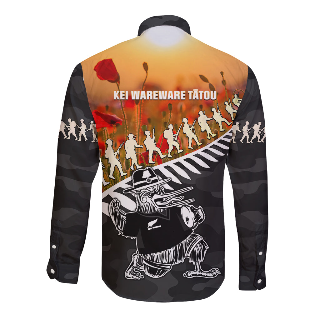 New Zealand ANZAC Rugby Long Sleeve Button Shirt Soldier Fern With Kiwi Bird LT05 - Vibe Hoodie Shop