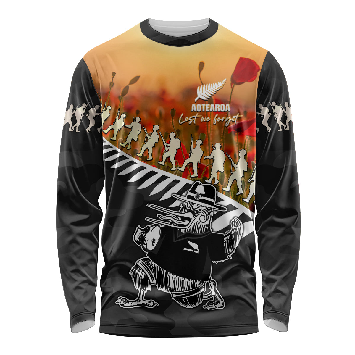 New Zealand ANZAC Rugby Long Sleeve Shirt Soldier Fern With Kiwi Bird LT05 - Vibe Hoodie Shop