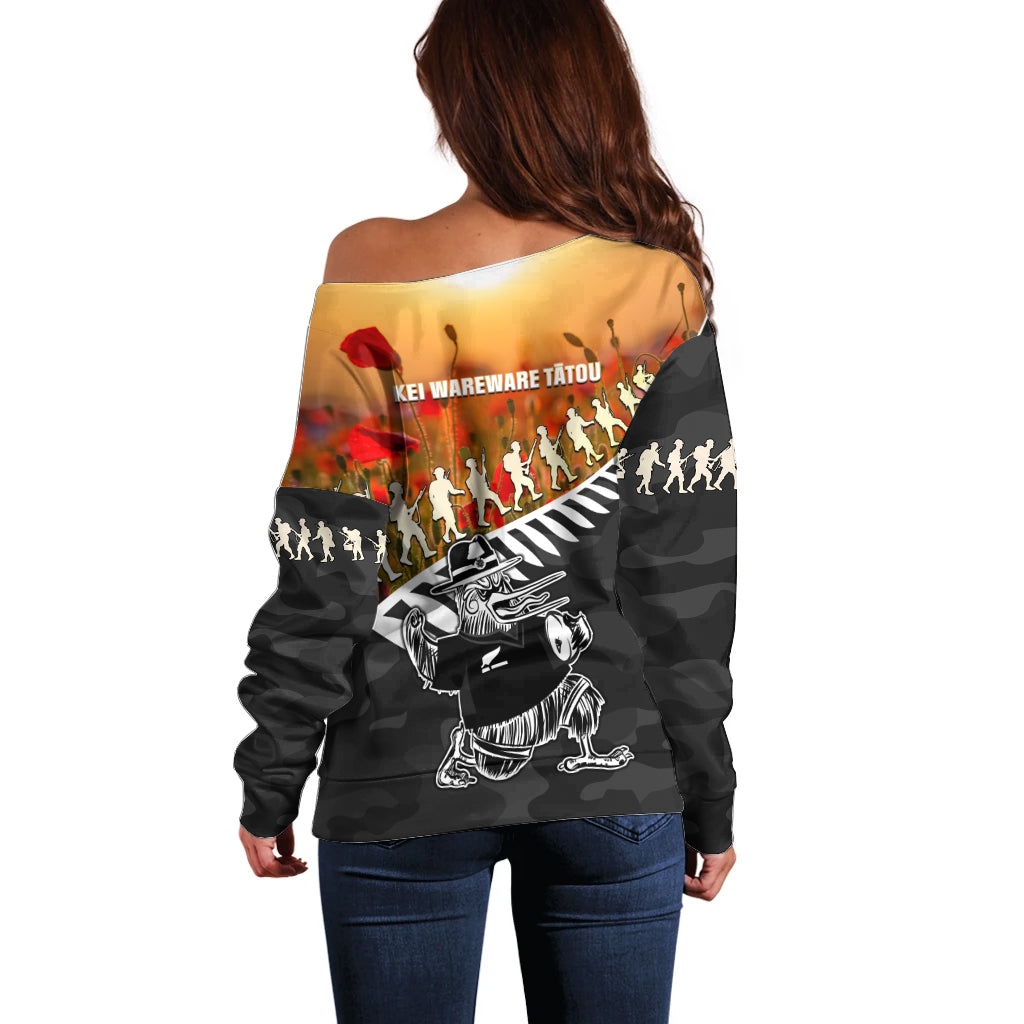 New Zealand ANZAC Rugby Off Shoulder Sweater Soldier Fern With Kiwi Bird LT05 - Vibe Hoodie Shop