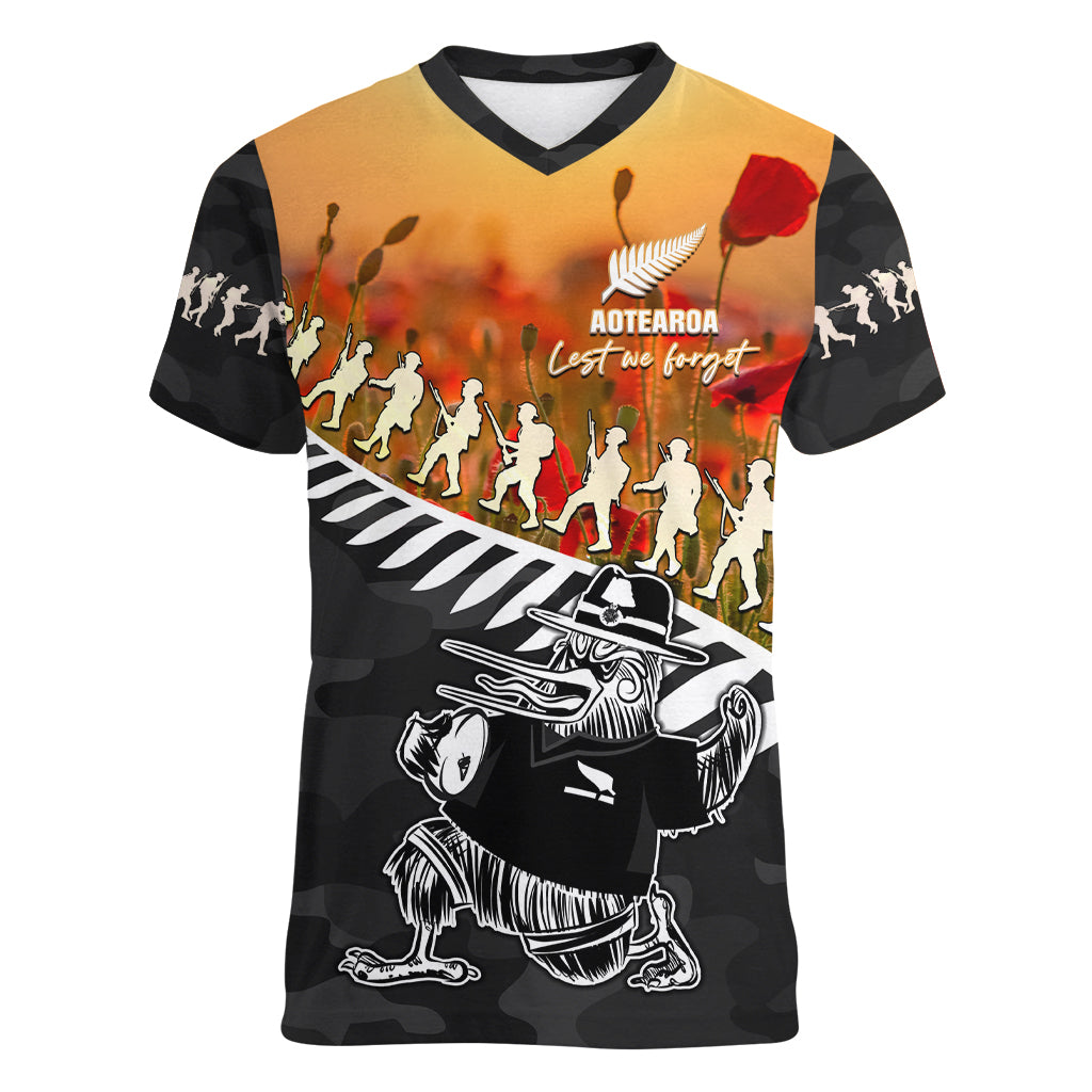 New Zealand ANZAC Rugby Women V Neck T Shirt Soldier Fern With Kiwi Bird LT05 - Vibe Hoodie Shop