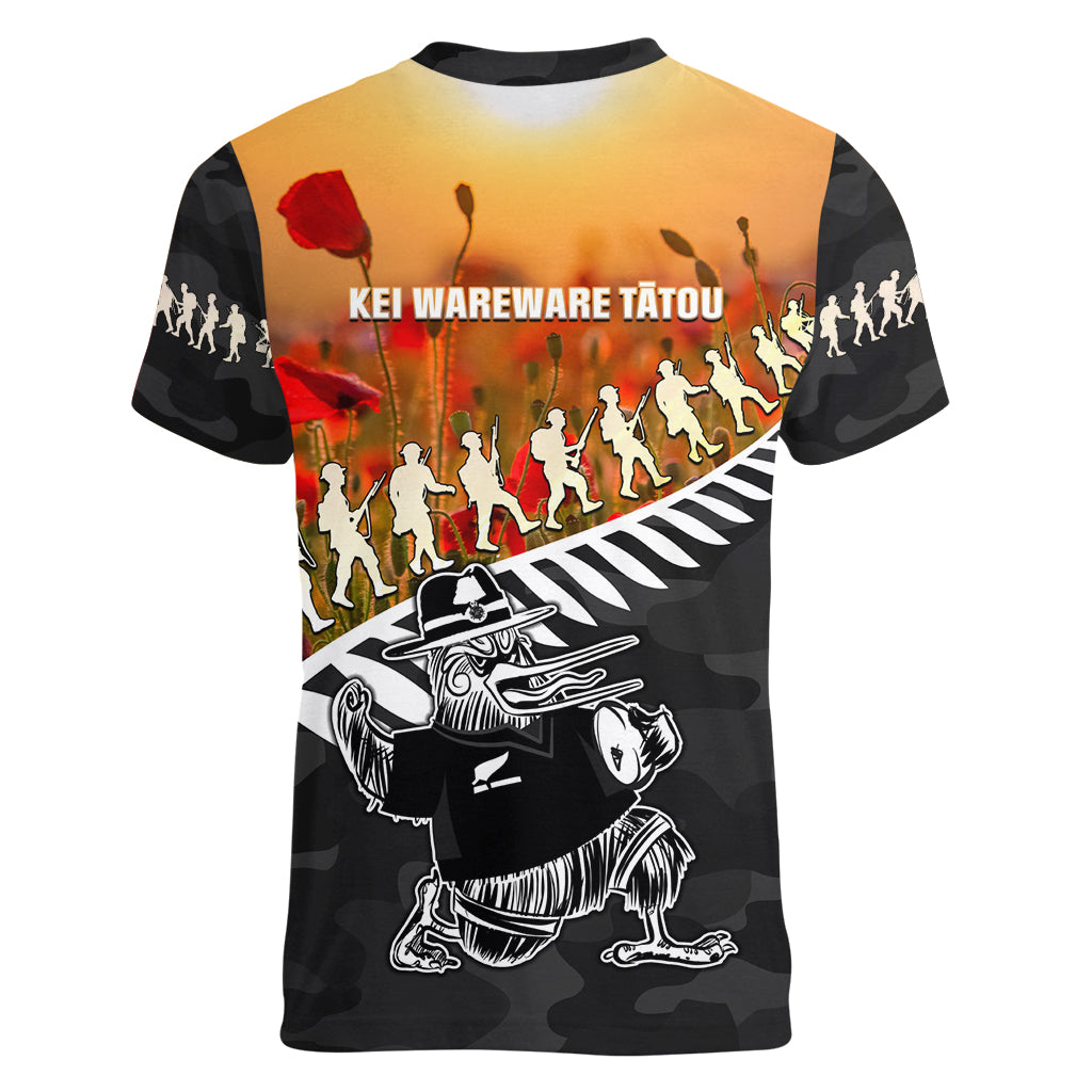 New Zealand ANZAC Rugby Women V Neck T Shirt Soldier Fern With Kiwi Bird LT05 - Vibe Hoodie Shop