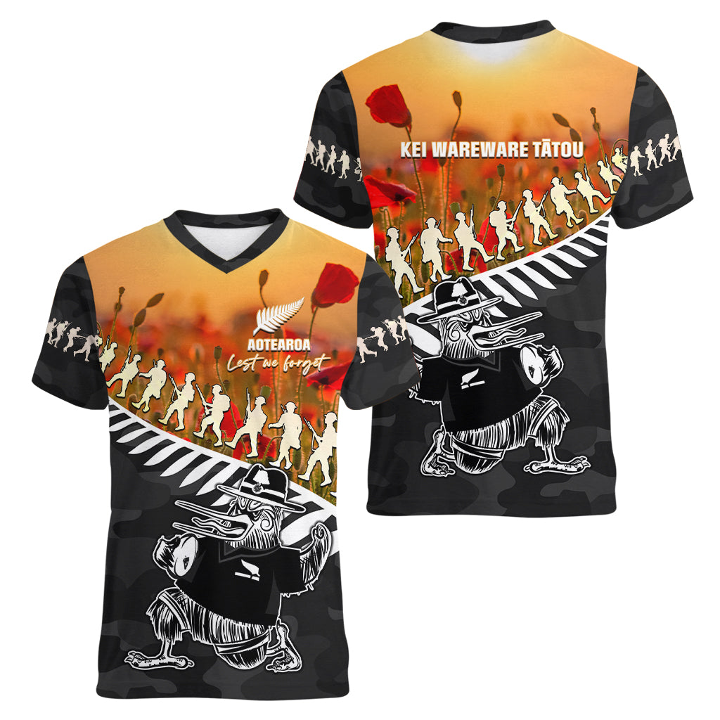 New Zealand ANZAC Rugby Women V Neck T Shirt Soldier Fern With Kiwi Bird LT05 - Vibe Hoodie Shop