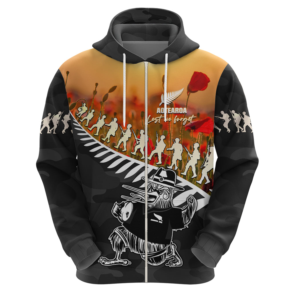 New Zealand ANZAC Rugby Zip Hoodie Soldier Fern With Kiwi Bird LT05 - Vibe Hoodie Shop