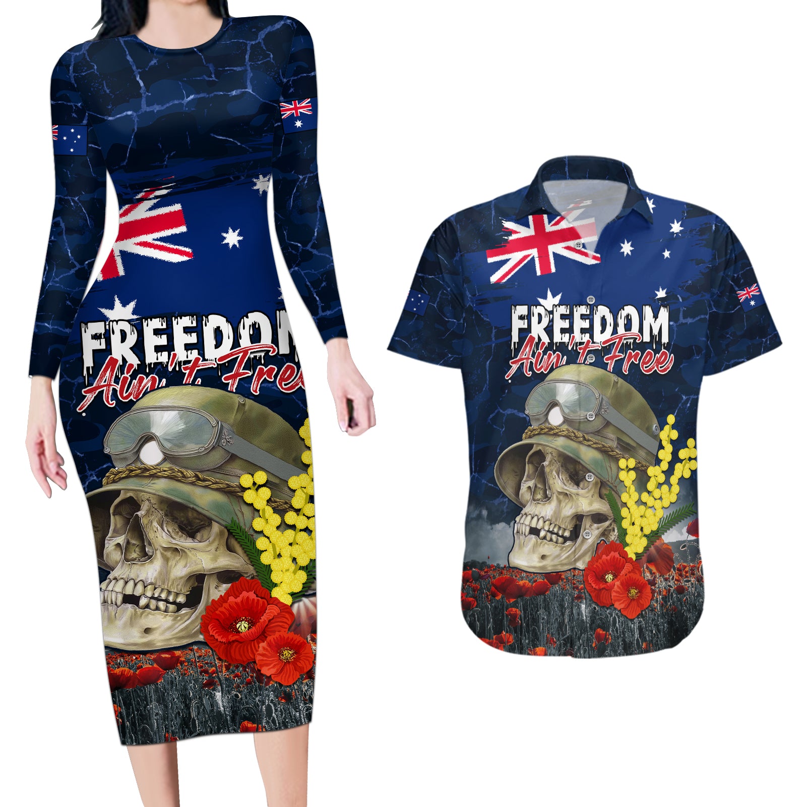 Australia ANZAC Day Couples Matching Long Sleeve Bodycon Dress and Hawaiian Shirt Freedom Ain't Free