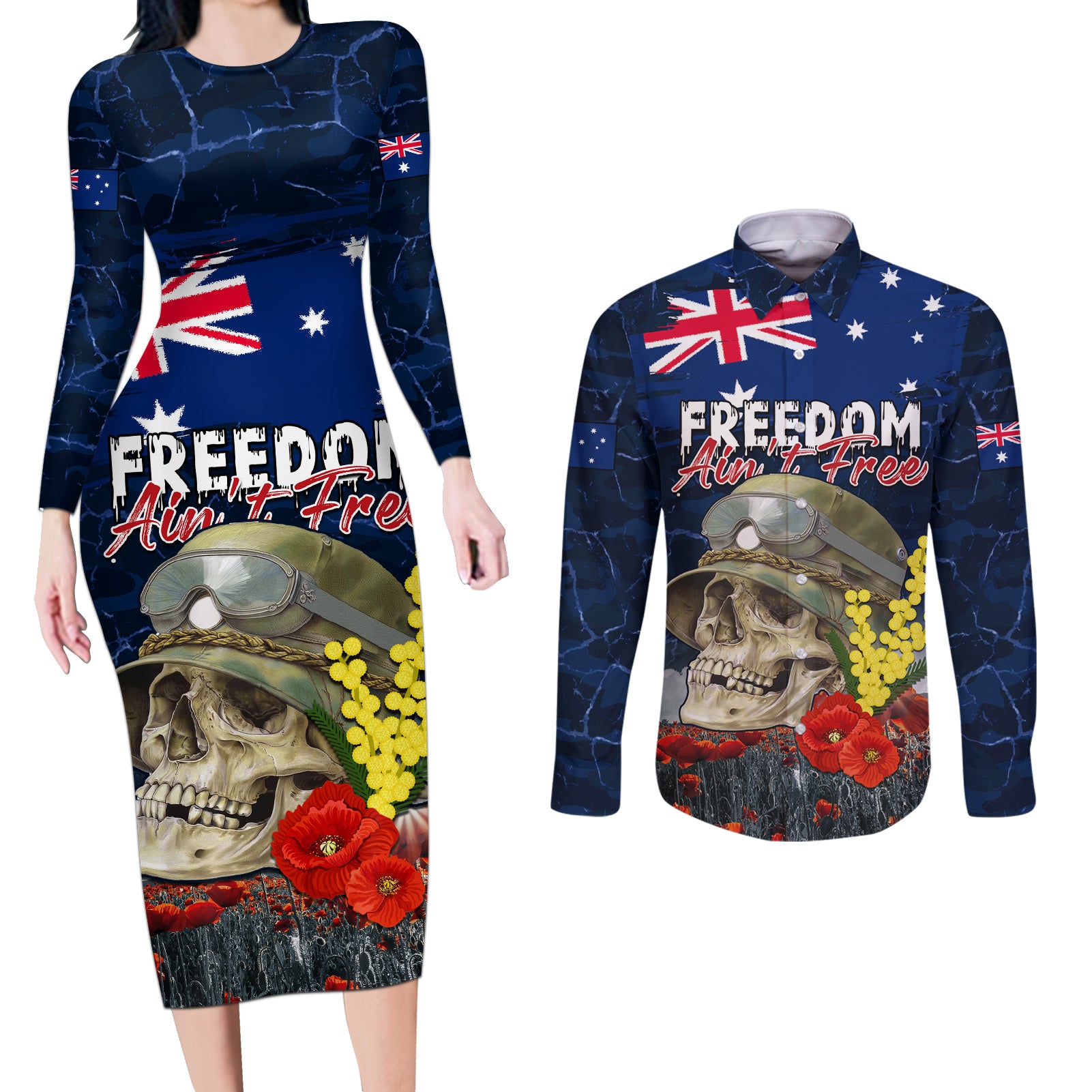 Australia ANZAC Day Couples Matching Long Sleeve Bodycon Dress and Long Sleeve Button Shirt Freedom Ain't Free