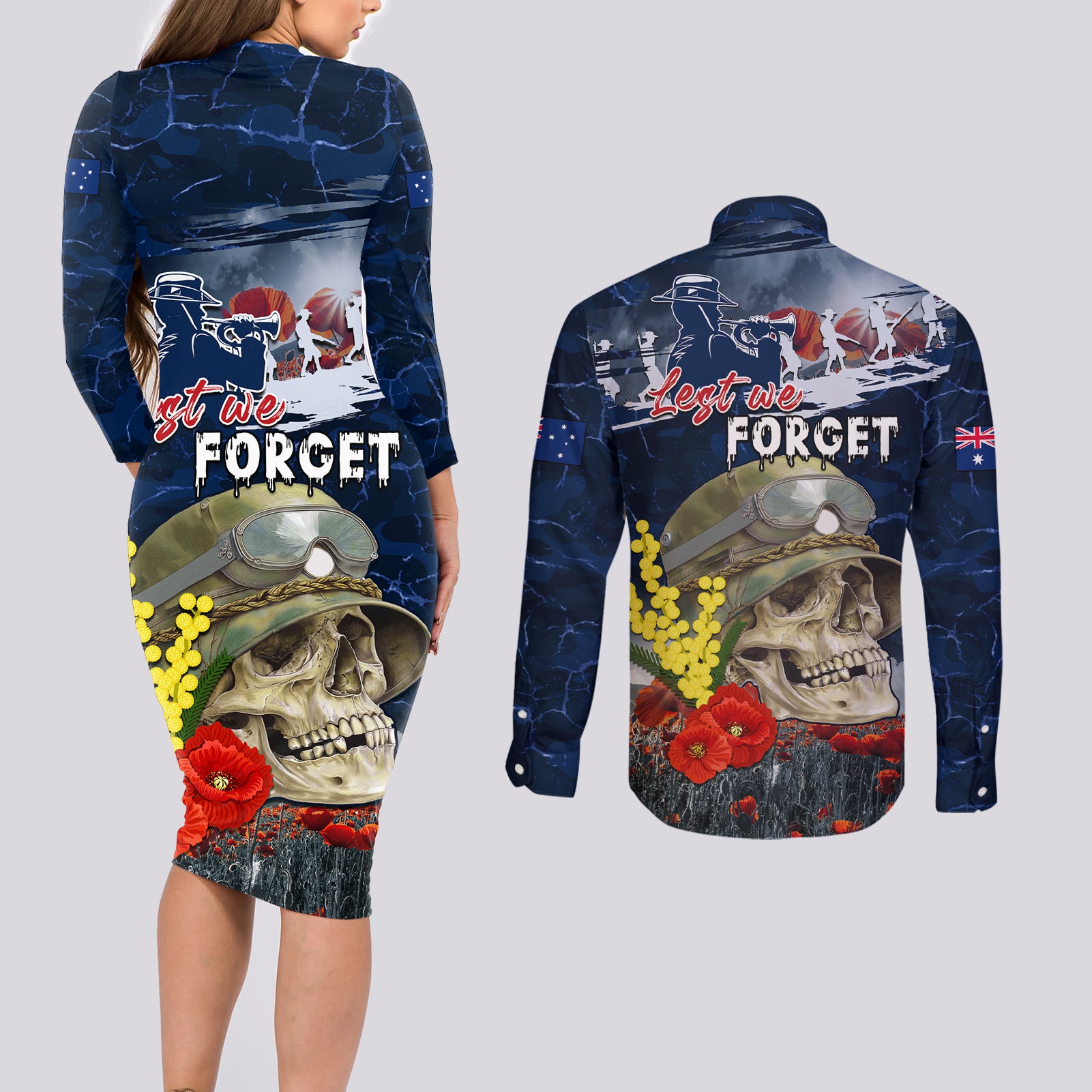 Australia ANZAC Day Couples Matching Long Sleeve Bodycon Dress and Long Sleeve Button Shirt Freedom Ain't Free