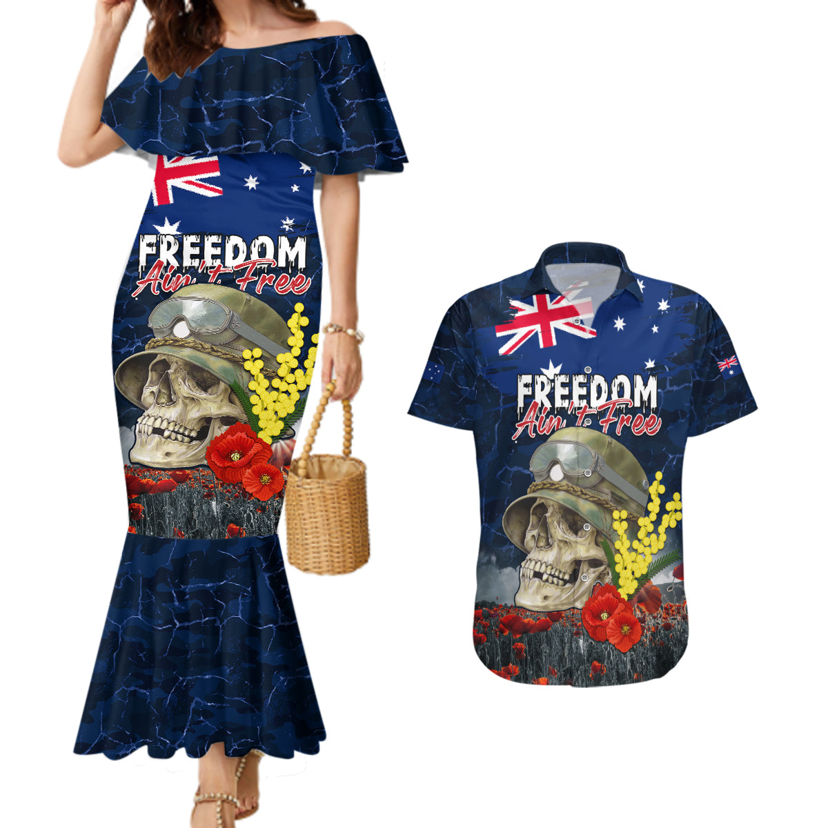 Australia ANZAC Day Couples Matching Mermaid Dress and Hawaiian Shirt Freedom Ain't Free