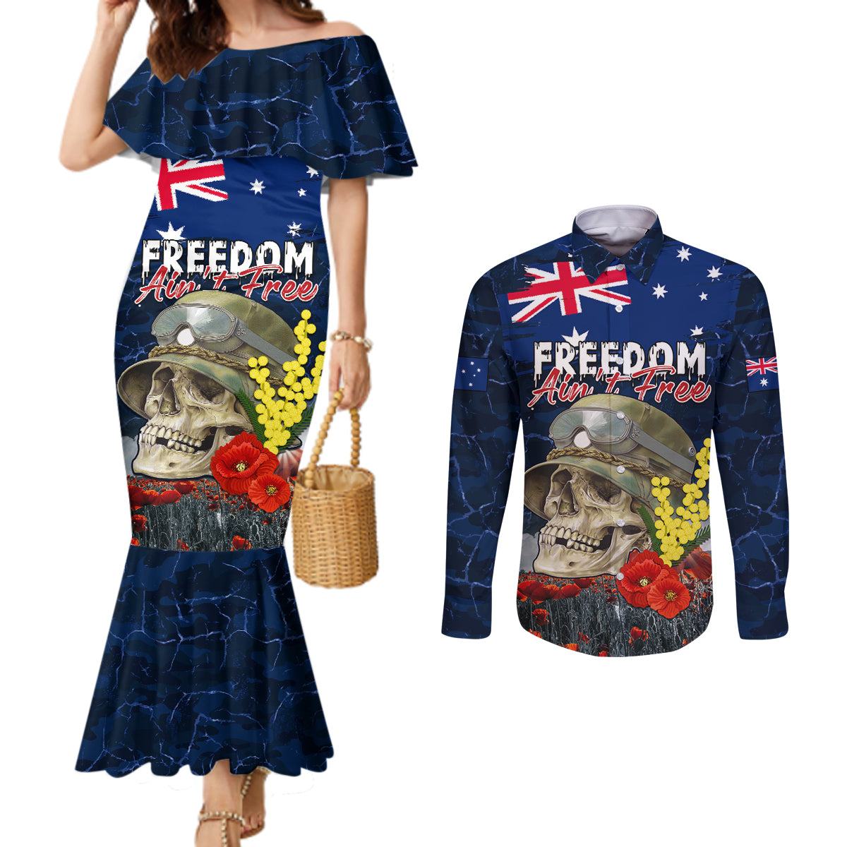Australia ANZAC Day Couples Matching Mermaid Dress and Long Sleeve Button Shirt Freedom Ain't Free
