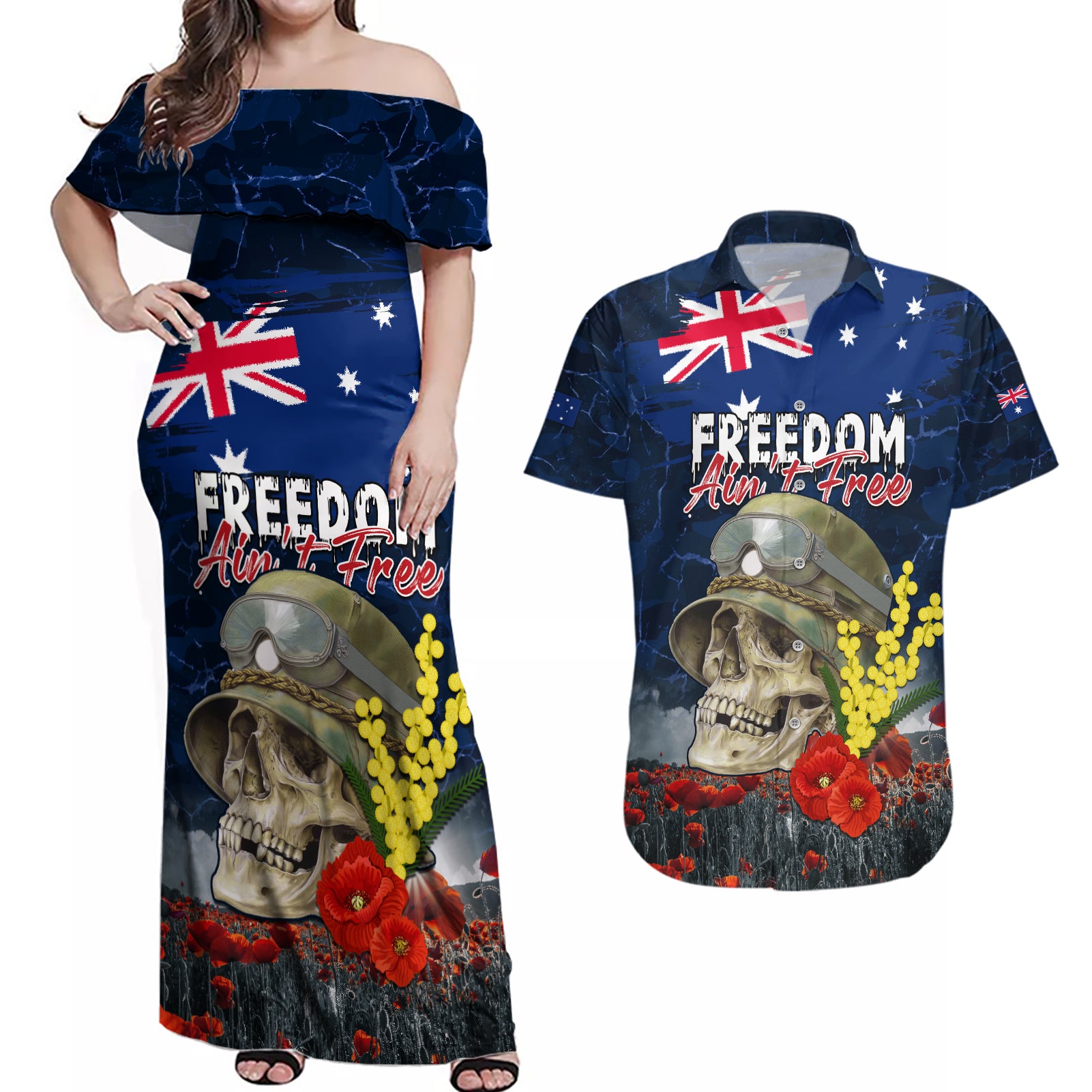 Australia ANZAC Day Couples Matching Off Shoulder Maxi Dress and Hawaiian Shirt Freedom Ain't Free