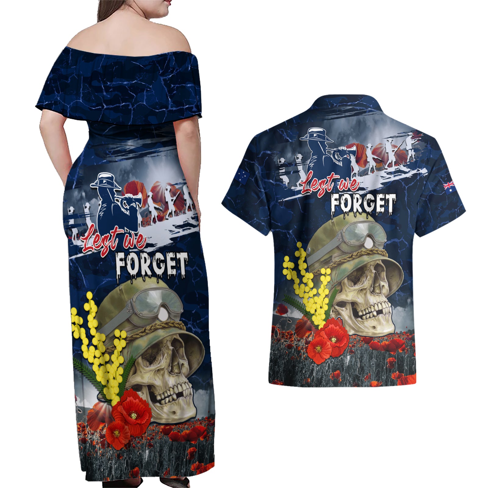 Australia ANZAC Day Couples Matching Off Shoulder Maxi Dress and Hawaiian Shirt Freedom Ain't Free