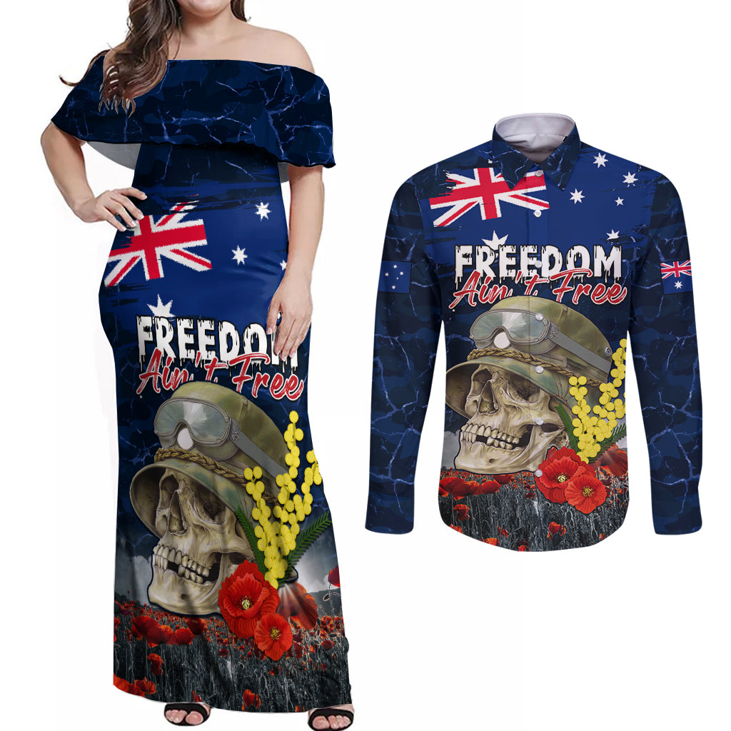 Australia ANZAC Day Couples Matching Off Shoulder Maxi Dress and Long Sleeve Button Shirt Freedom Ain't Free