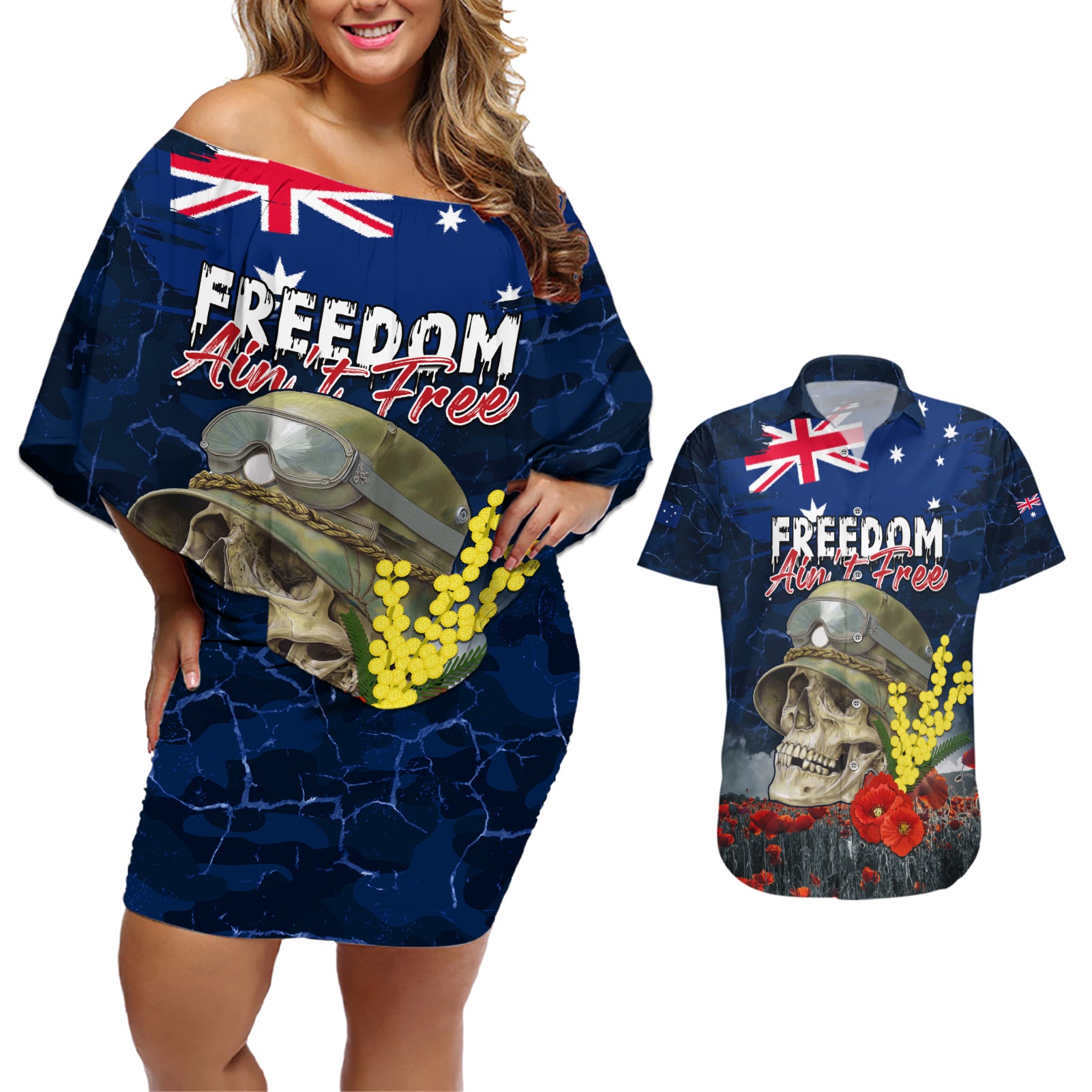 Australia ANZAC Day Couples Matching Off Shoulder Short Dress and Hawaiian Shirt Freedom Ain't Free