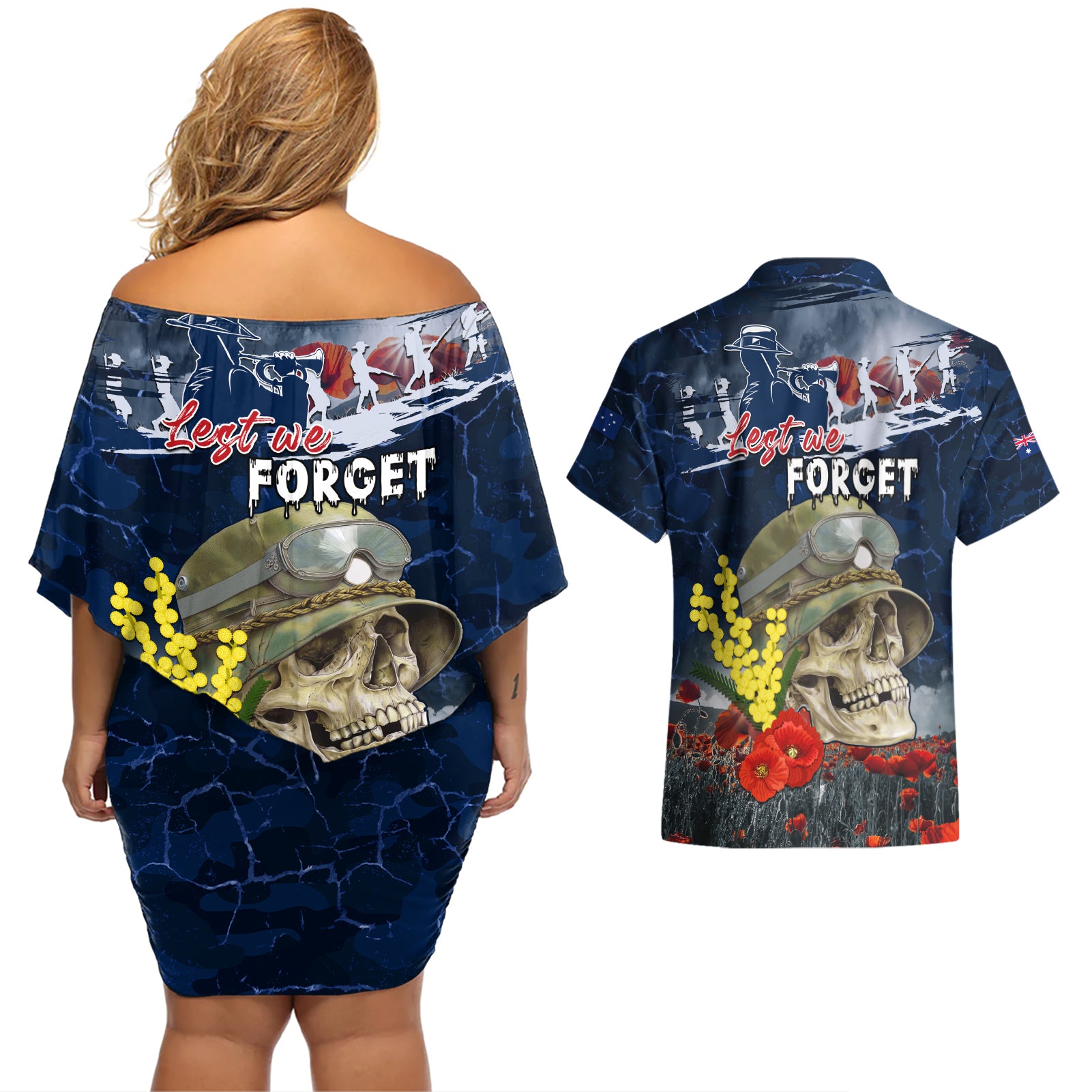 Australia ANZAC Day Couples Matching Off Shoulder Short Dress and Hawaiian Shirt Freedom Ain't Free