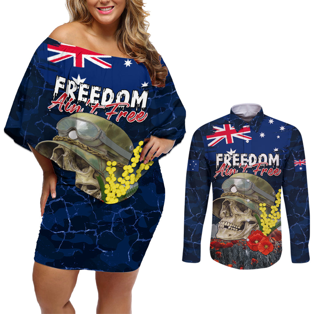 Australia ANZAC Day Couples Matching Off Shoulder Short Dress and Long Sleeve Button Shirt Freedom Ain't Free