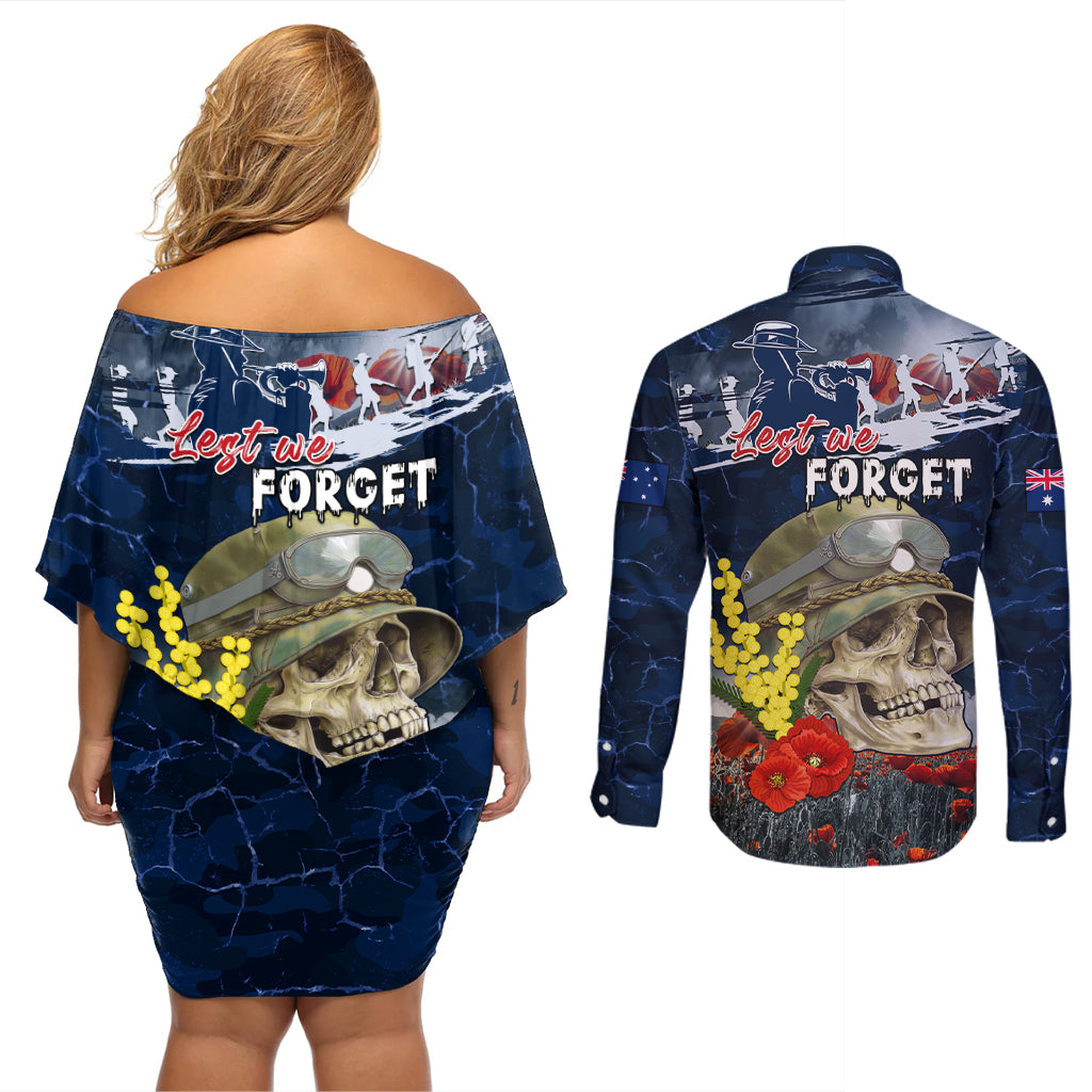 Australia ANZAC Day Couples Matching Off Shoulder Short Dress and Long Sleeve Button Shirt Freedom Ain't Free