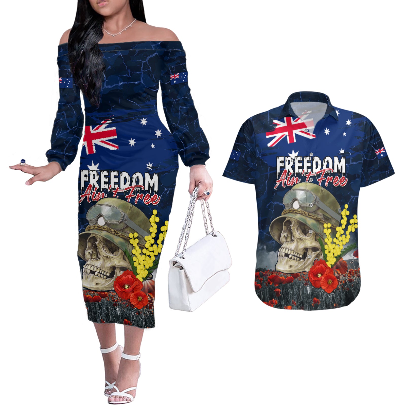 Australia ANZAC Day Couples Matching Off The Shoulder Long Sleeve Dress and Hawaiian Shirt Freedom Ain't Free